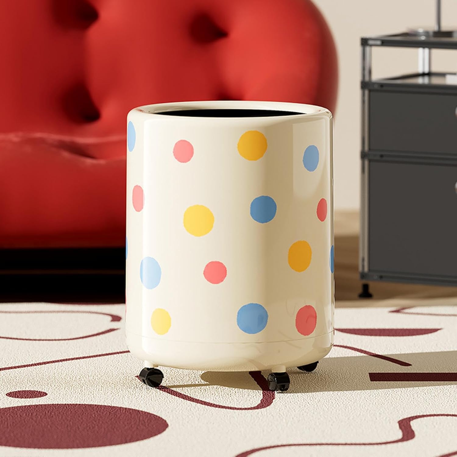 Polka Dot Trash Can Recycling Bin 12L with Wheels Modern Waste Bin Round Garbage Can for Bedroom Office Living Room Bathroom, Colorful dots