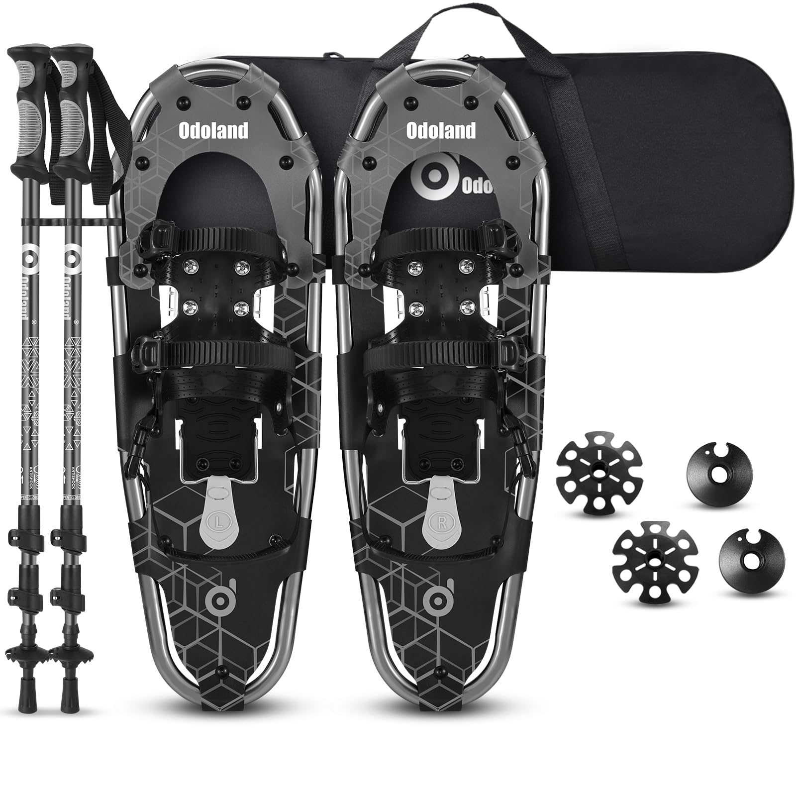 Odoland 4-in-1 Snowshoes for Men Women Youth Kids with Trekking Poles, Waterproof Snow Leg Gaiters and Carrying Tote Bag, Lightweight Snow Shoes Easy to Wear Aluminum Alloy, Size 21''/25''/30''