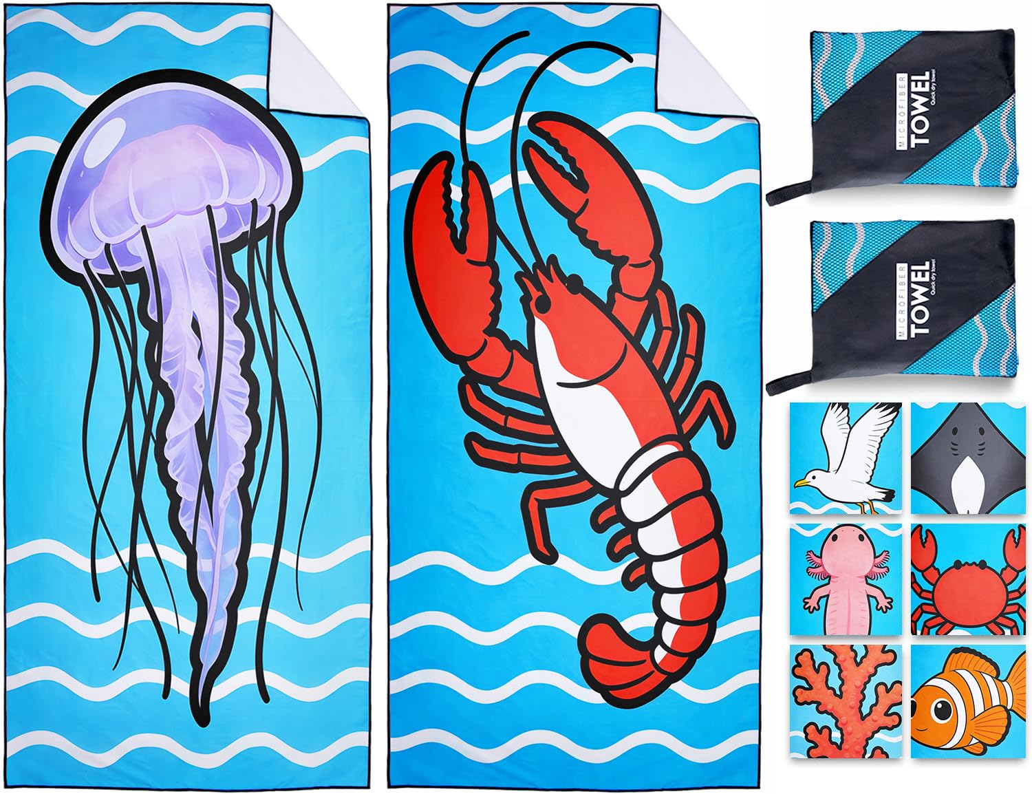 Violetpos 2 Pack Extra Large 180x90 cm Beach Towels, 250GSM Premium Microfibre, Sand Free Quick Dry Lightweight, Ideal for Family Beach Holidays Pool Travel Camping (Jellyfish & Lobster)