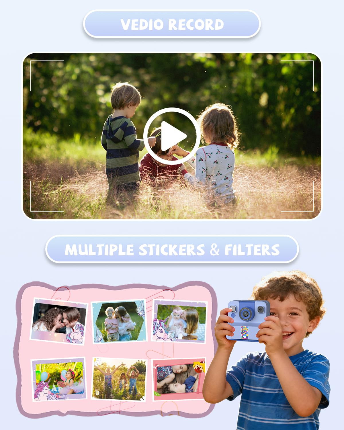 Kinder Sofortbildkamera, Sofortdruck Kamera für Kinder, 180° drehbares Selfie Objektiv mit 32GB SD-Karte – Geschenk für Jungen & Mädchen (3–12 Jahre), Blau