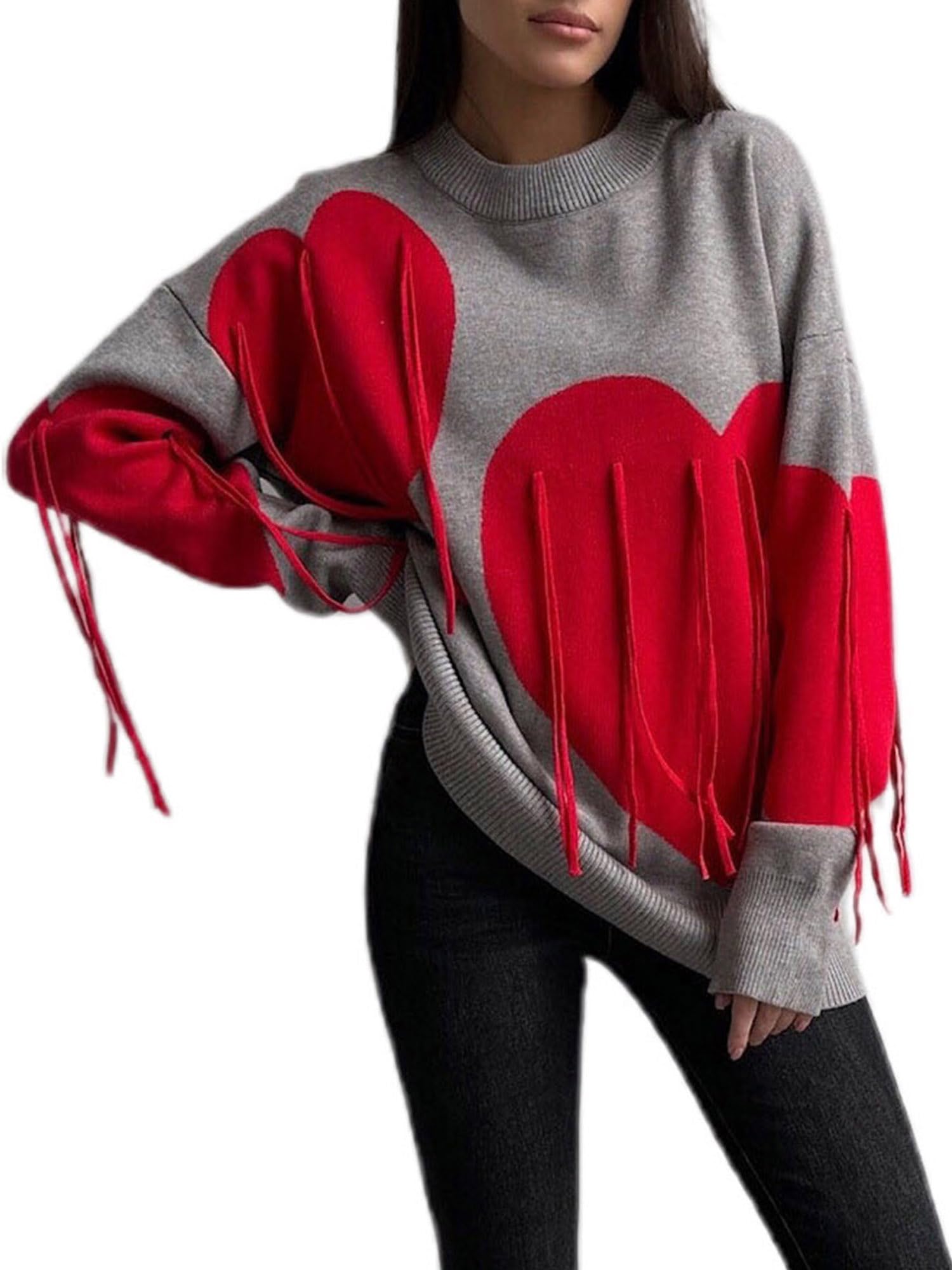 Womens Valentines Day Fringe Sweater Autumn O Neck Long Sleeve Knit Tassel Heart Print Loose Pullover Knitwear