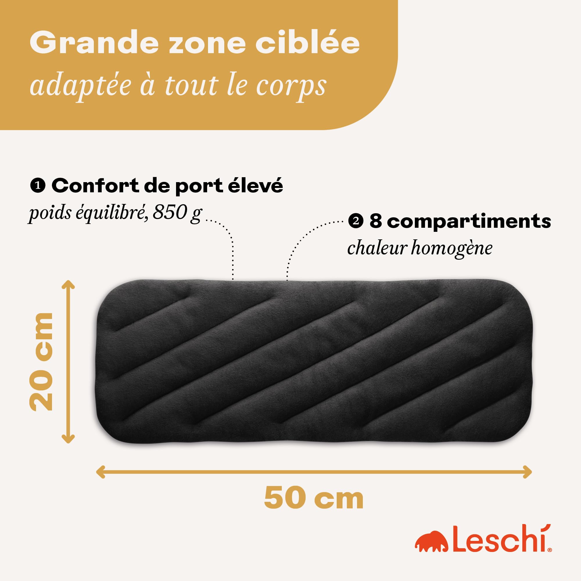 LESCHI XXL Coussin chauffant micro ondes (50x20cm) en coton 100% bio, 8 compartiments, noir, Bouillotte graines de blé 100% bio, Bouillotte micro-ondes idéale pour réchauffer épaules, cou, dos, nuque