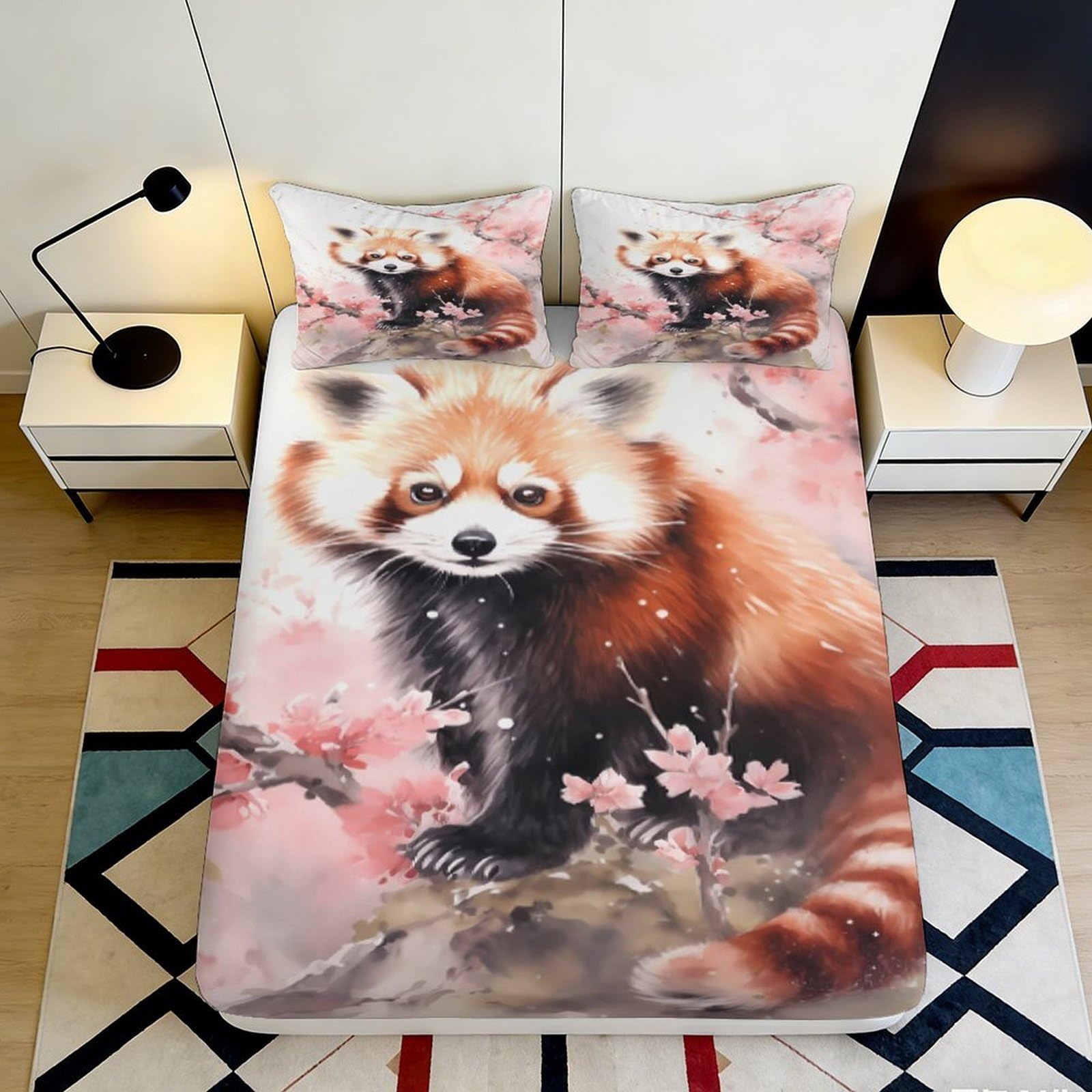 3D Printed Red Panda Fitted Sheet Microfiber Soft Breathable Cherry Blossom Bed Sheet for Bedroom Dormitory Guest Room Mattress Protection Decor 90x200x25cm