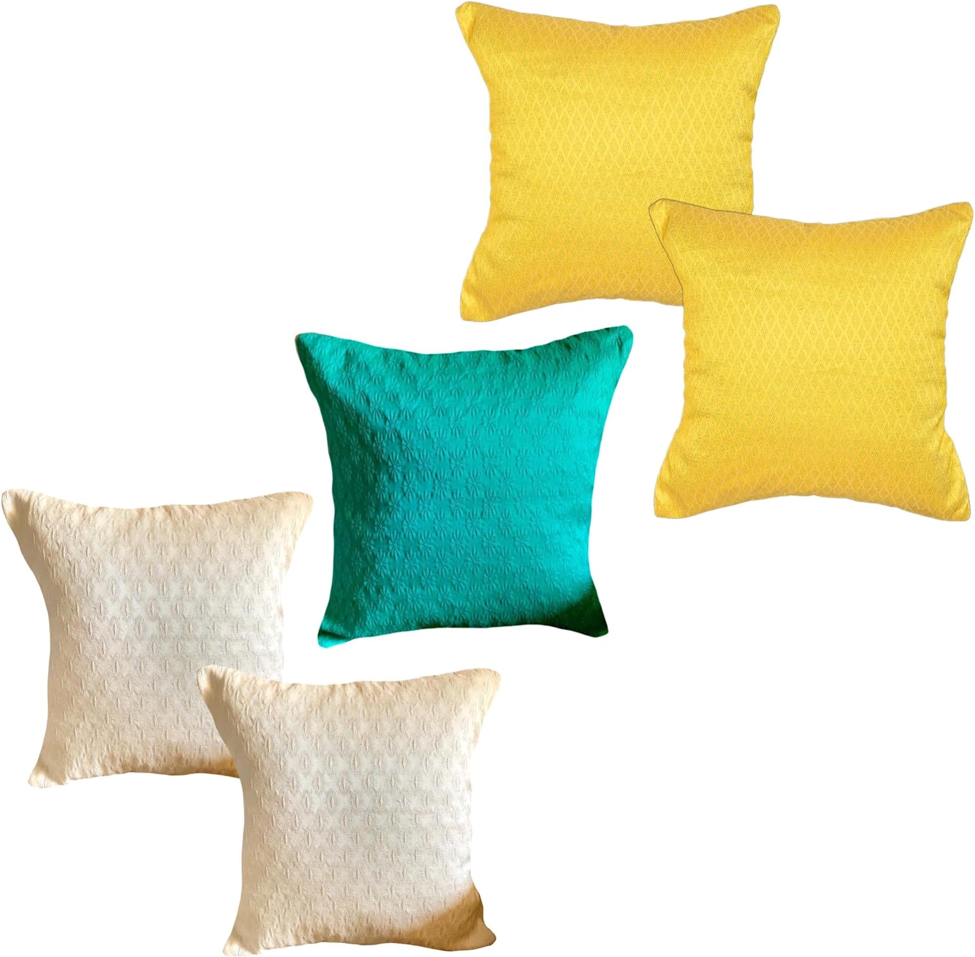 Pilovilo Set of 5 Cushion Cover Silk Size 16"x16" Self Design Teal Yellow Cream (Imprints Refresh, 16"x16" Set of 5 Pieces)