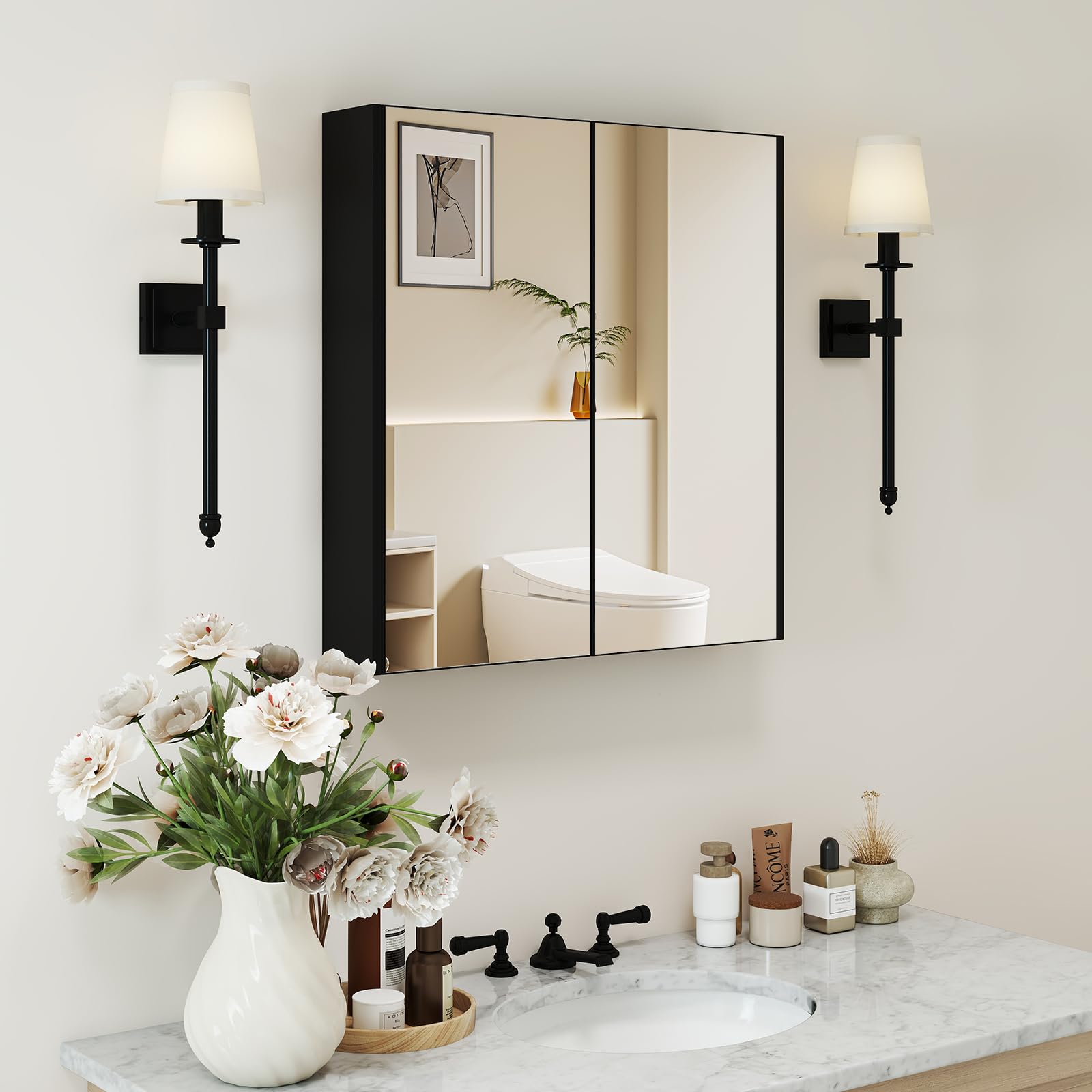 LIFEZEAL Armario con Espejo de Baño, Armario de Pared con 2 Puertas y 2 Estantes, Mueble de Inodoro Colgante, 62 x 11,3 x 65 cm, para Cuarto de Baño y Dormitorio (Negro)