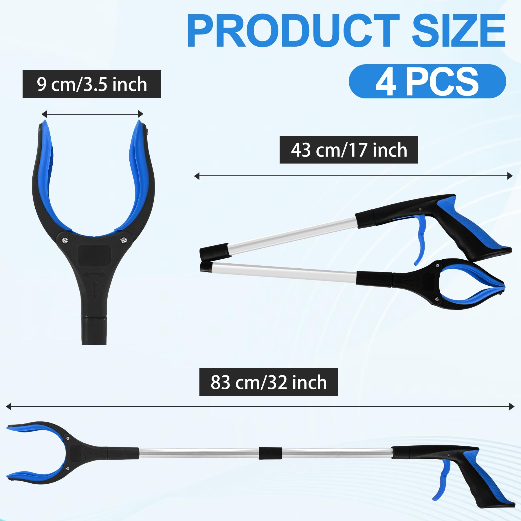 4 x 81 cm große Müllzangen für ältere Menschen, robust, leicht, mit ergonomischem Griff und rutschfestem Griff, multifunktionales Reinigungswerkzeug