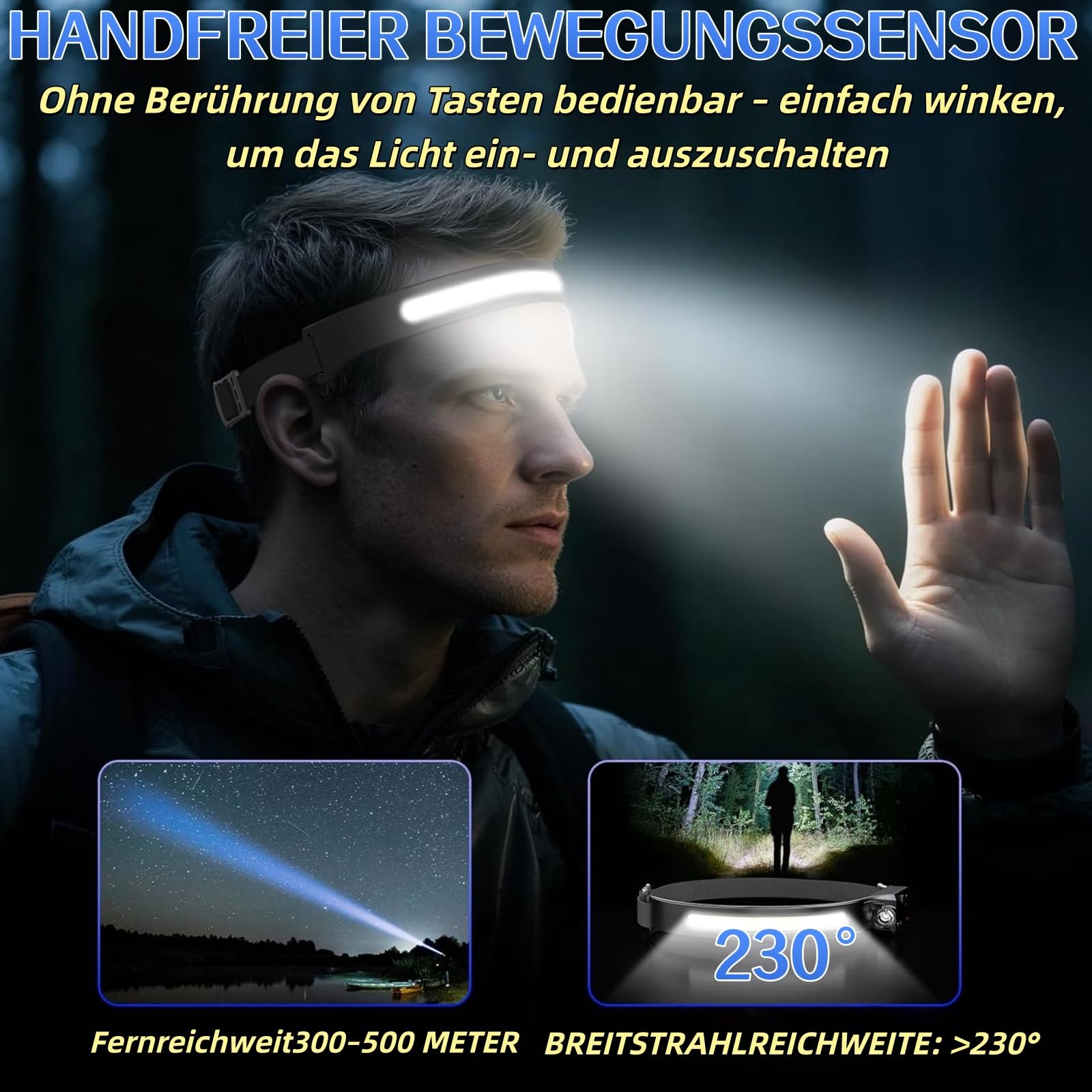 Adventure Light 2.0 - Das Original COB-Chip LED 230°Weitwinkel Stirnlampe Wiederaufladbar , USB-Typ-C Schnellladung Doppel-Schalter Handwisch-Sensor Kopfband Stoßfest Wasserdicht flexibel (2 Stück)