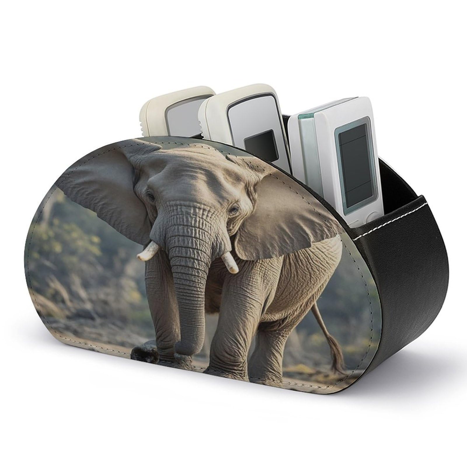FekiLoot Elephant Remote Control Holder with 5 Compartments Multi-functional TV Remote Caddy Organizer Leather TV Remote Holder Desktop Organizer Store for Bedside Table Office Desk