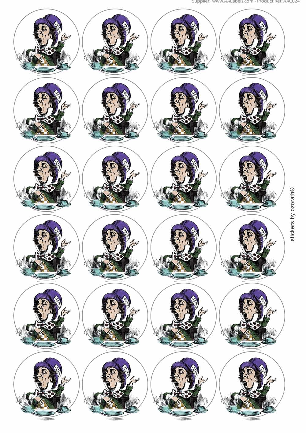 Ozorath Multicolour Mad Hatter Alice In Wonderland Circular Matt Paper Stickers A4 Sheet Of 24 (Each Sticker Is 45Mm Diameter)