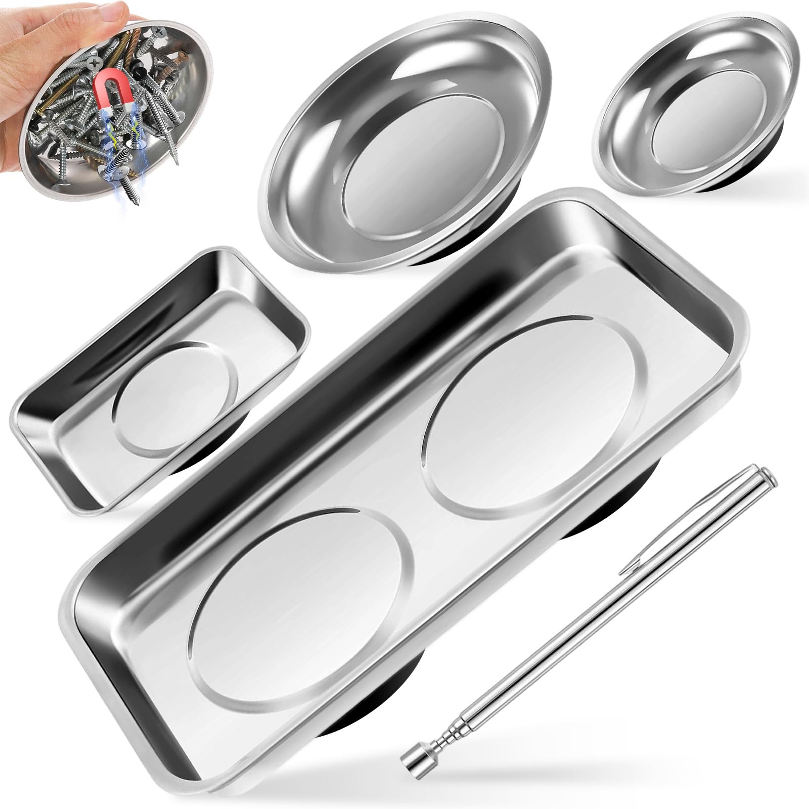Bandejas magnéticas de acero inoxidable de 5 piezas y captador telescópico de 3 libras