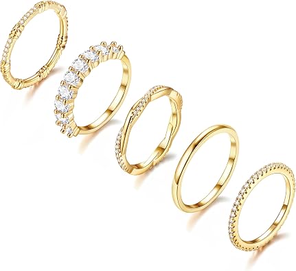 Dochais Gold Rings for Women 5PCS Stackable 14K Gold Plated Stacking Rings for Women Non Tarnish Trendy Dainty Rings Cubic Zirconia Gold Rings Set Statement Wedding Bands Rings
