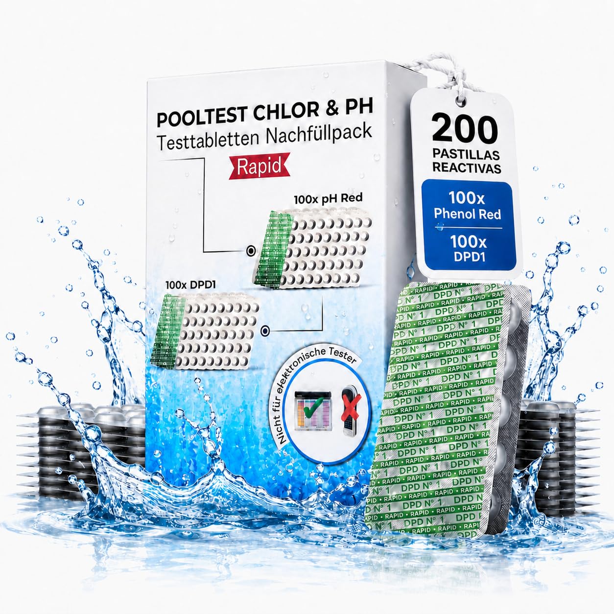 Recambio 200 pastillas reactivas para tester de piscina | 100x DPD1 + 100x Phenol Red | mide cloro libre, bromo y pH | pastillas Rapid para piscina, spa y jacuzzi | para tester manual