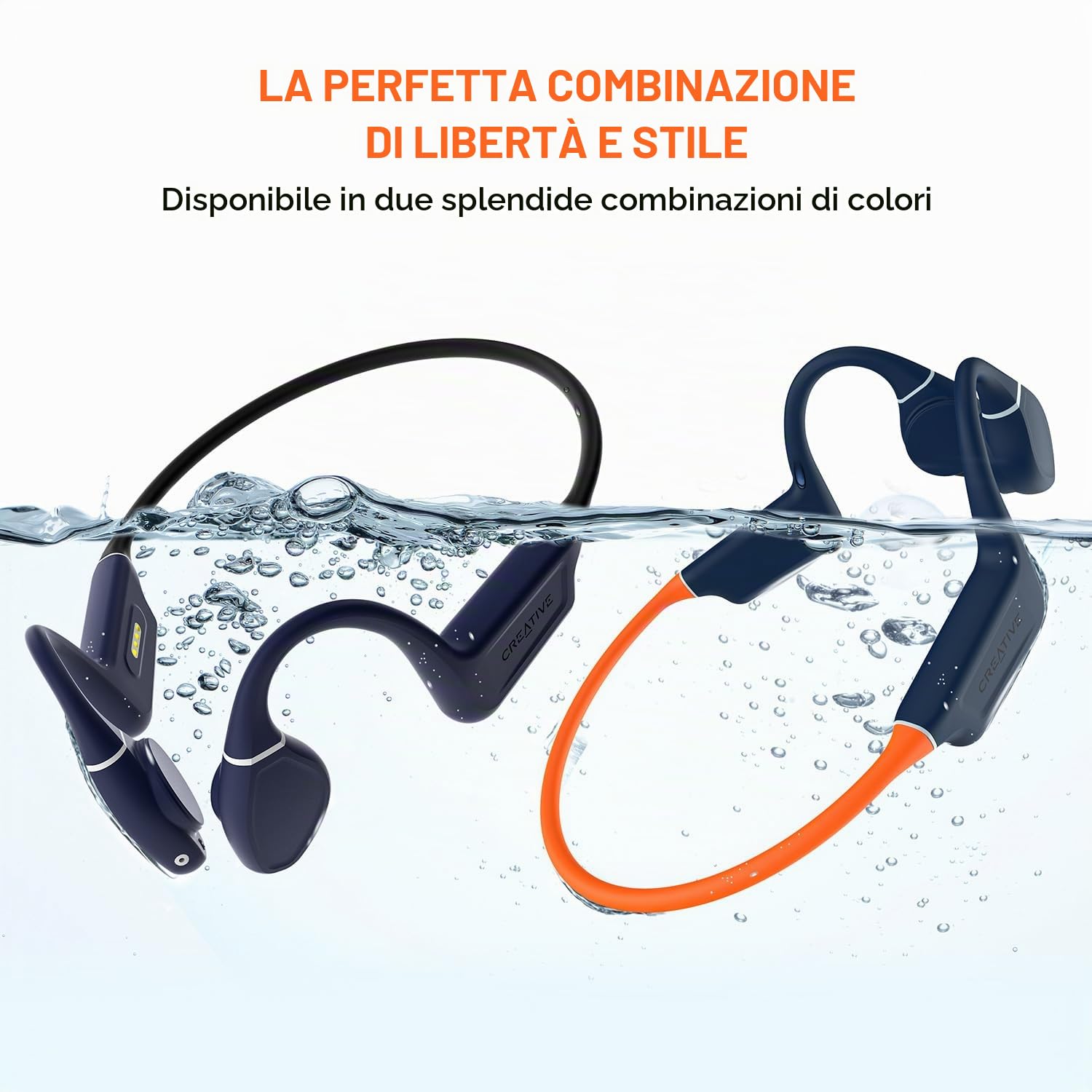 CREATIVE Outlier Free Pro+ Cuffie wireless impermeabili a conduzione ossea, MP3 da integrato, microfono integrato (Blu e arancione)