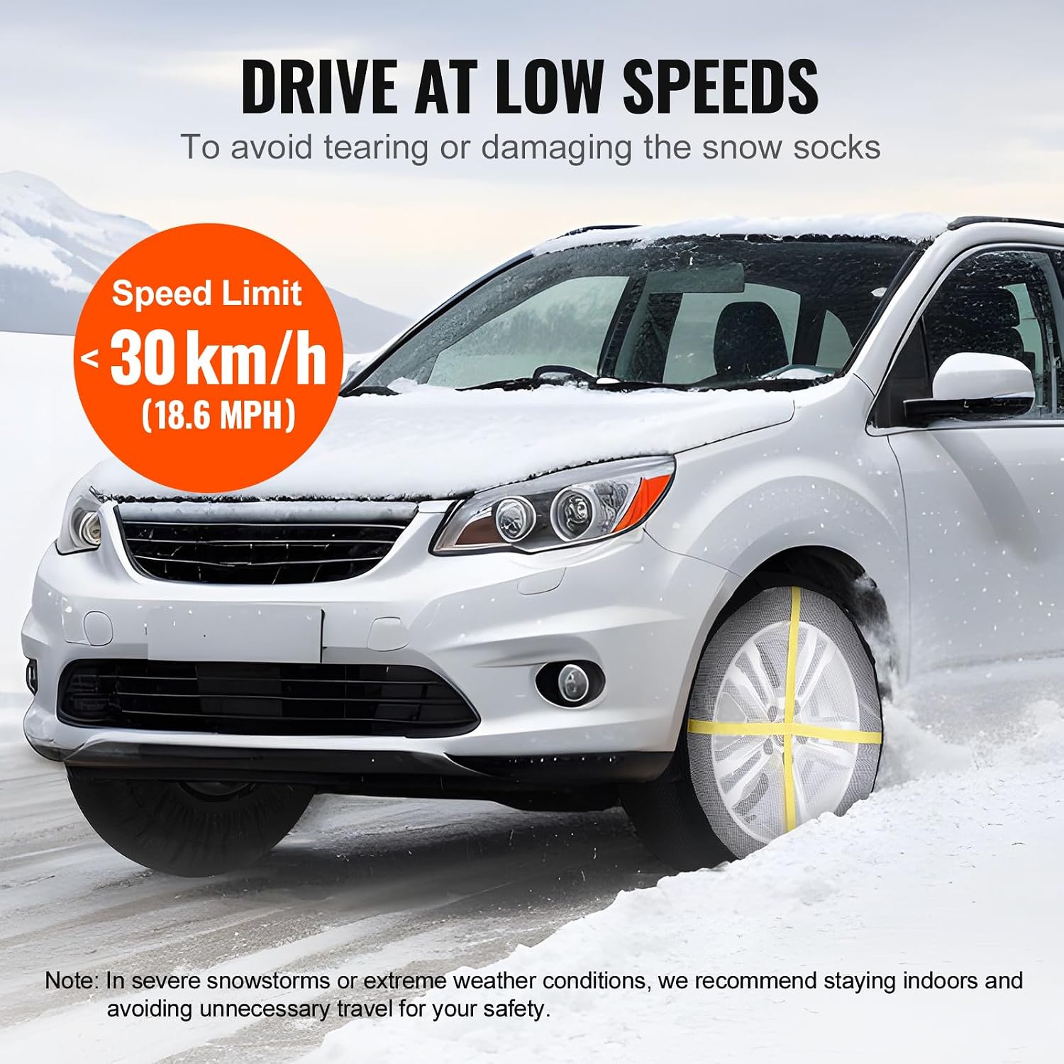 Car driving with VEVOR snow socks installed, showing a speed limit of 30 km/h (18.6 MPH)