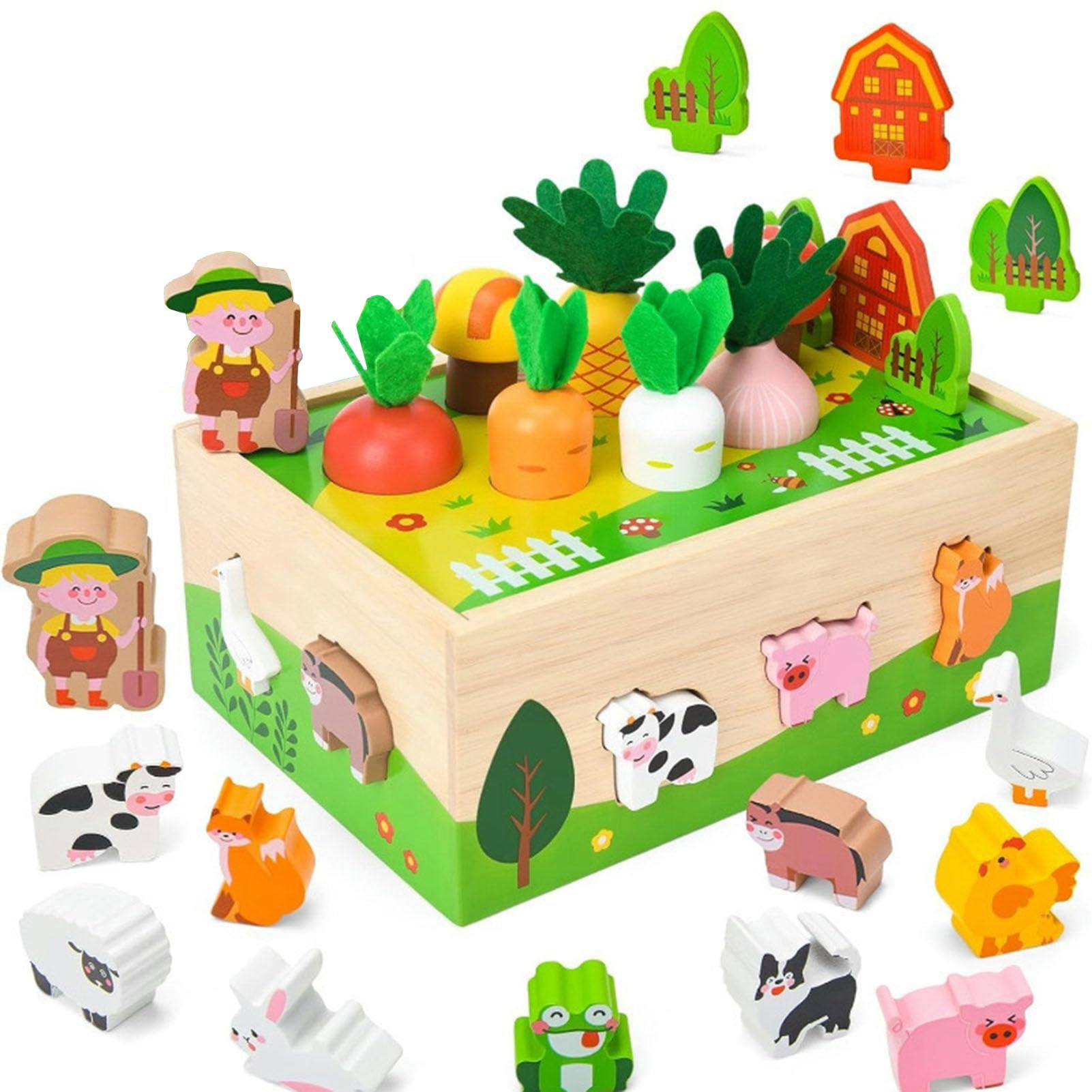 Holz-Bauernhoftier-Formensortierspielzeug, Montessori-Ernte-Karotten-Spiel mit Spielmatte