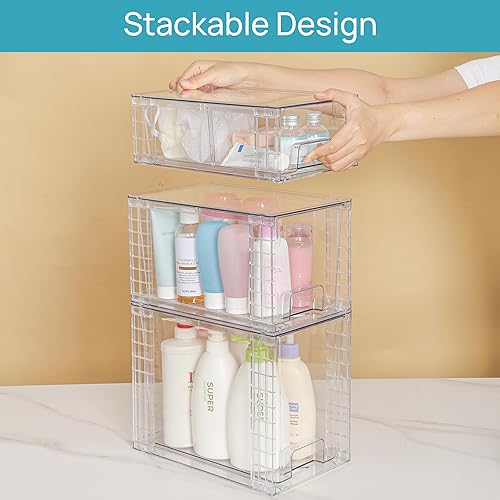 Miniatura 8 de Vtopmart Paquete de 6 cajones de almacenamiento apilables transparentes, organizadores de baño fáciles de montar y almacenamiento con asas, cajones