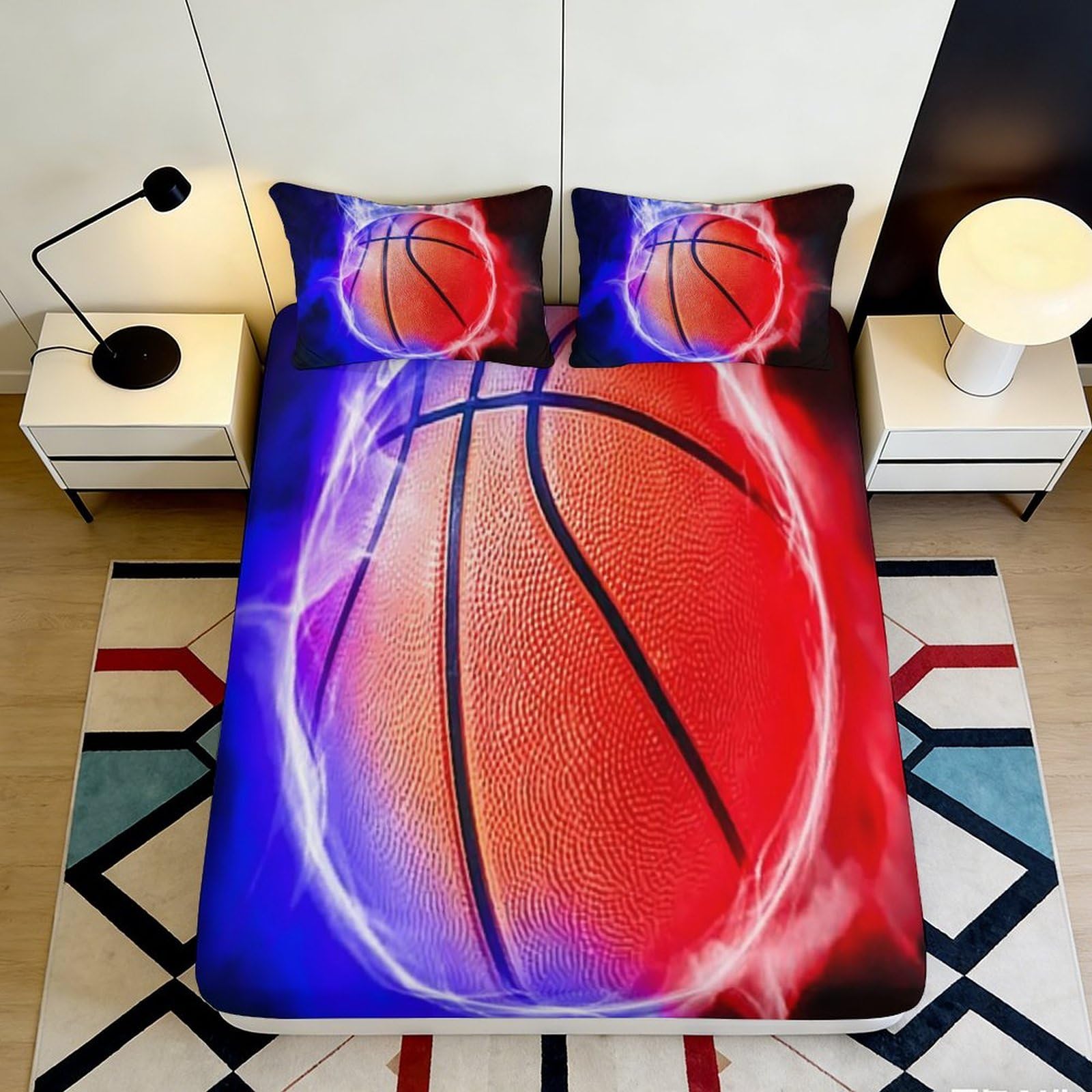 3D Printed Basketball Fire Fitted Sheet Microfiber Soft Vibrant Blue Red Lightning Bed Cover for Bedroom Dorm Decor 90x200x25cm