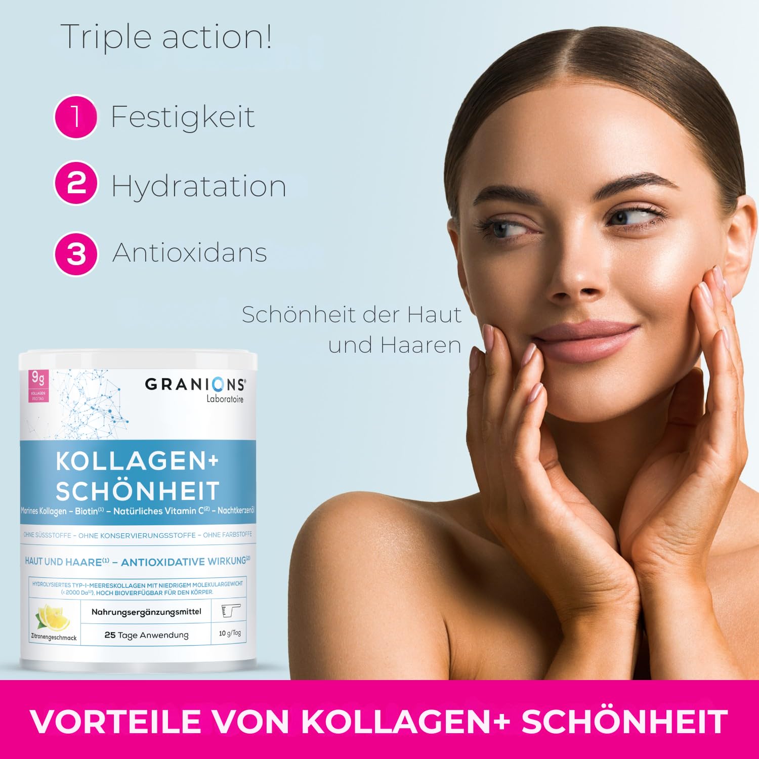 Kollagen Pulver 250g - Biotin Haare - Kollagen - Vitamin C - Hyaluronsäure - Schönheit Haut - Hohe Assimilation, Marine kollagen Geschmack Zitrone - Alternative kollagen kapseln - Granions
