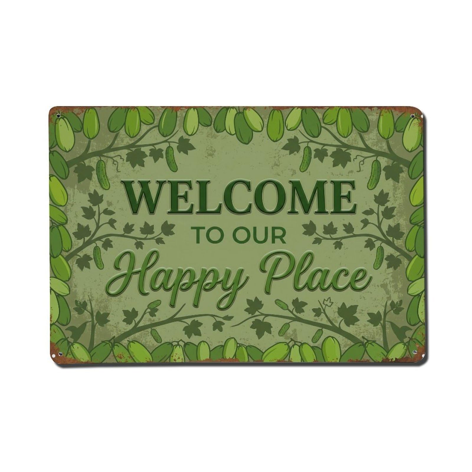 Welcome To Our Happy Place Bilimbi Garden Metal Tin Sign Plaque Wall Decor for Cafe, Club Bar, Office, Home Garden Metal Poster 8x12Inch