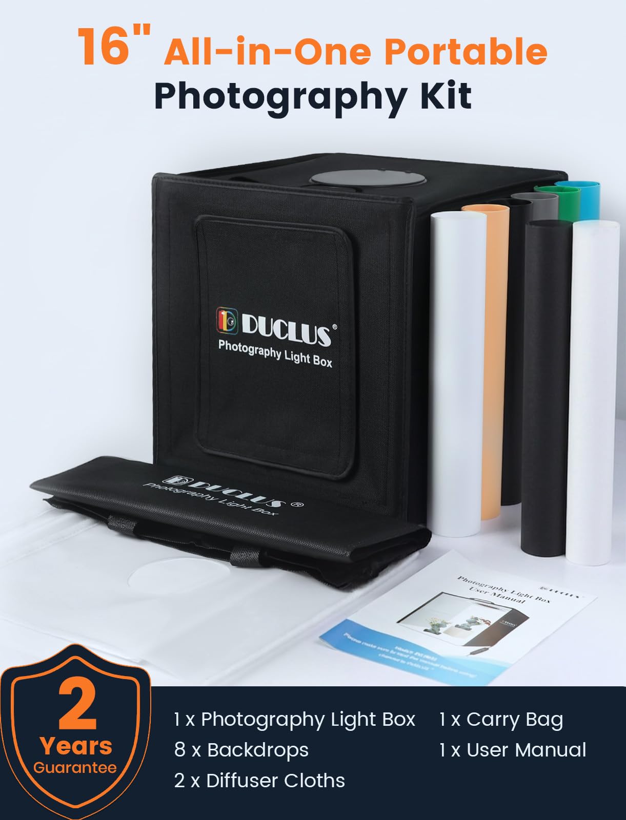 DUCLUS Fotobox 40 x 40 cm, składane studio fotograficzne, 5500 K, ściemniany namiot świetlny z ruchomymi listwami świetlnymi LED i 6 tłami do fotografii produktowej