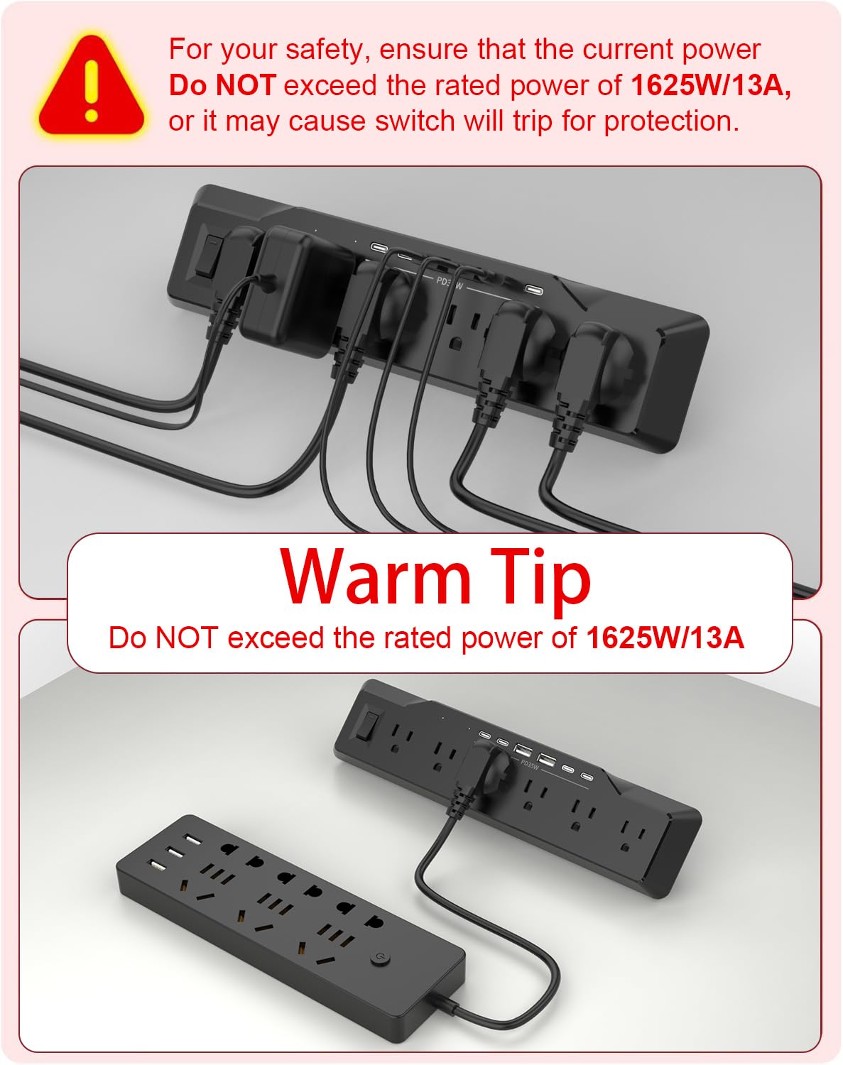 Zacisk komputerowy, ochrona przeciwprzepięciowa, 6 gniazd, płaska wtyczka, 1800J, 4 porty USB-C (dowolny port 35W), do domu i biura, ognioodporna obudowa PC-ABS, se