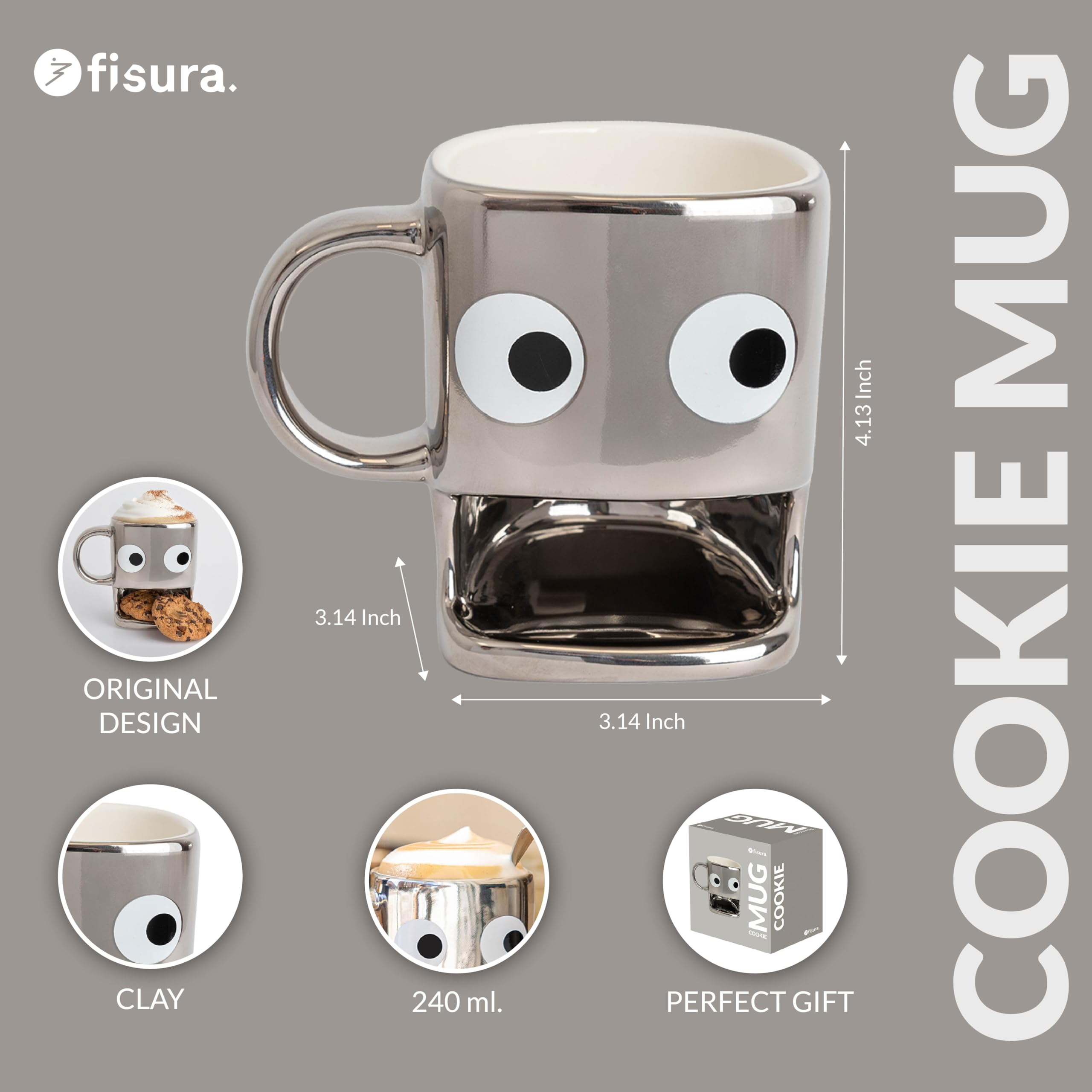 Fisura, Original Coffee Mugs with Biscuit Compartment, Silver Ceramic Tea Mug with Stylish Design, Cappuccino Coffee Caps - Image 2