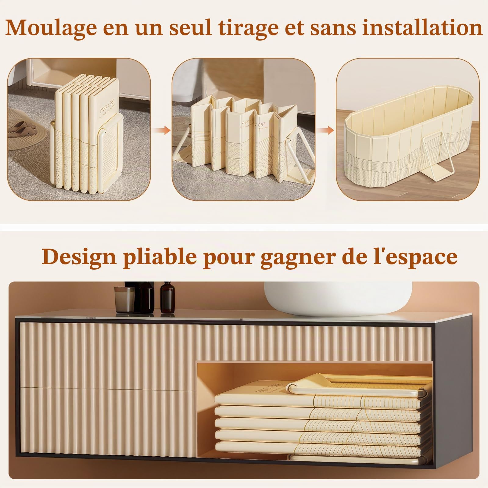 Baignoire portable pour adultes 150 x 55 x 50 cm, baignoire pliable pour adultes avec 2 trous de vidange, baignoire familiale pour glace équipée de 2 plaques de support latérales avec couvercle (Beige