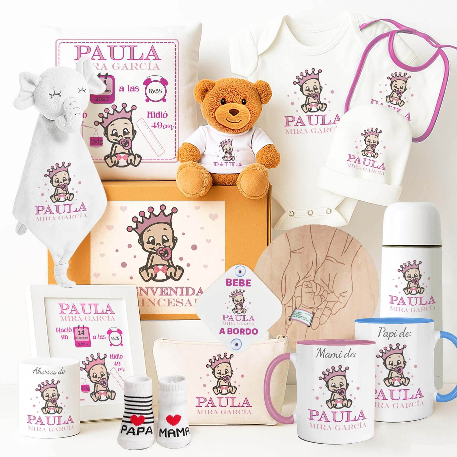 Kembilove Canastilla Bebe Recien Nacido Niña | Pack Personalizado con Nombre | Cesta Regalo Bautizo Rosa | Set Elegante Baby Shower Maternidad | Monta Tu Pack