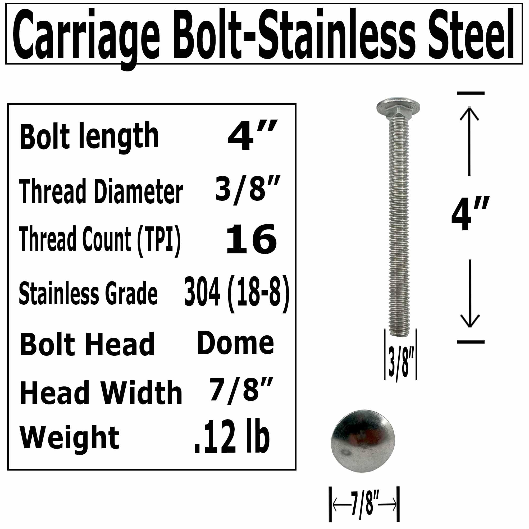 (10) 3/8-16 x 4”- 304 (18-8) Grade Stainless Steel Carriage Bolts Screws Dome Head Nuts & Washers Included for Trailer Deck Floors headboards-Rust Resistant by BRAUNY BOY- Qty (10)