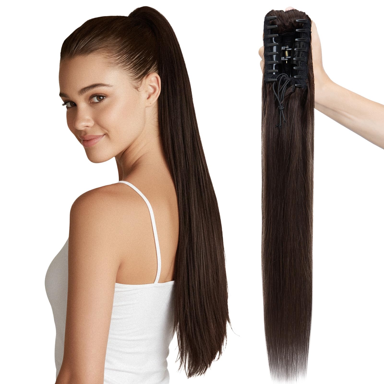 Photo 1 of MY-LADY Ponytail Extension Human Hair Claw Clip in Ponytail Hair Extension Long Straight Pony Tail Hair Extensions Real Human Hair for Women Dark Brown 22 Inch 120g