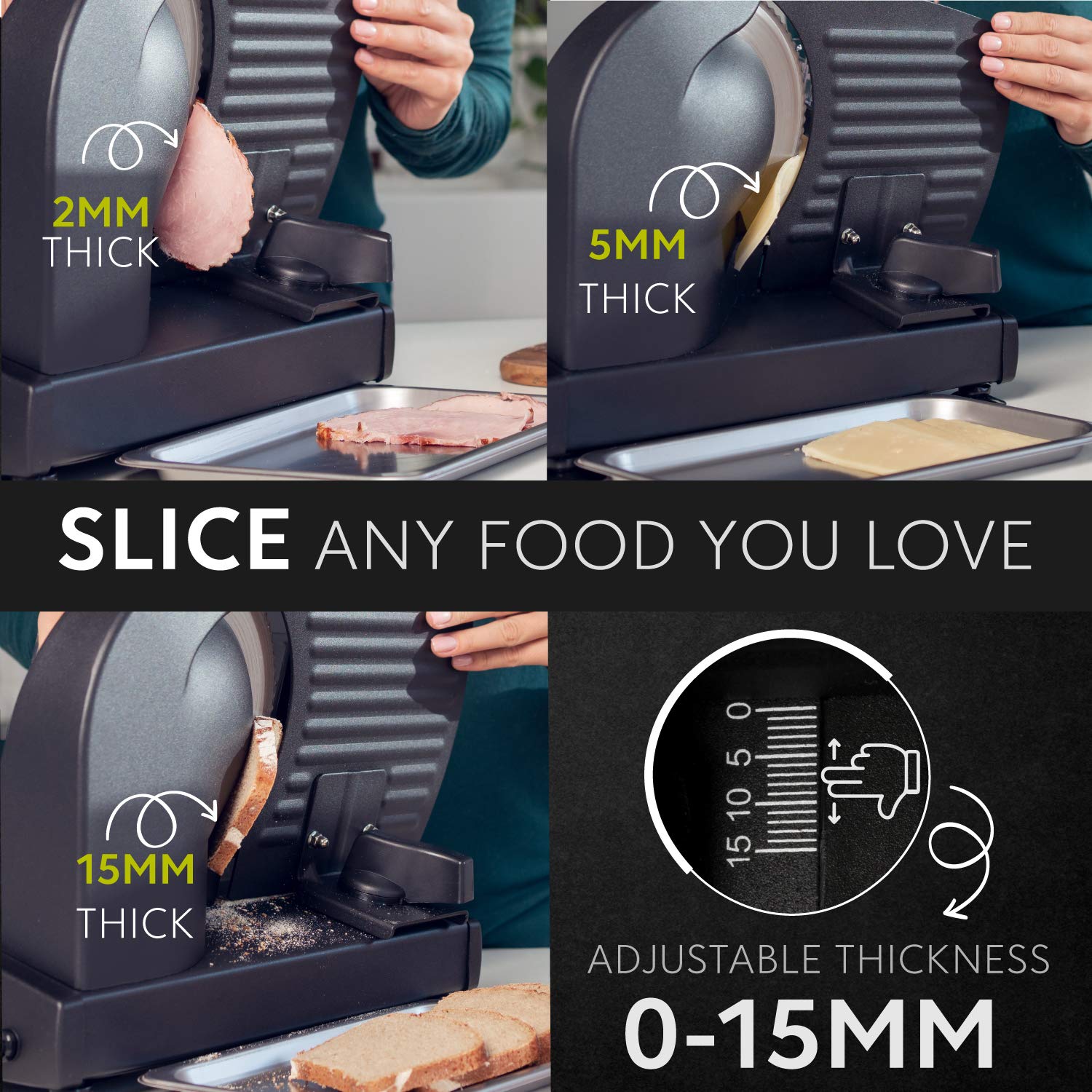 YASHE SL-518 Elektrische allessnijder, 250 W broodsnijmachine met instelbare dikte van 0-15 mm, 2 afneembare roestvrijstalen messen van 19 cm, veiligheidsvergrendeling en zuignappen