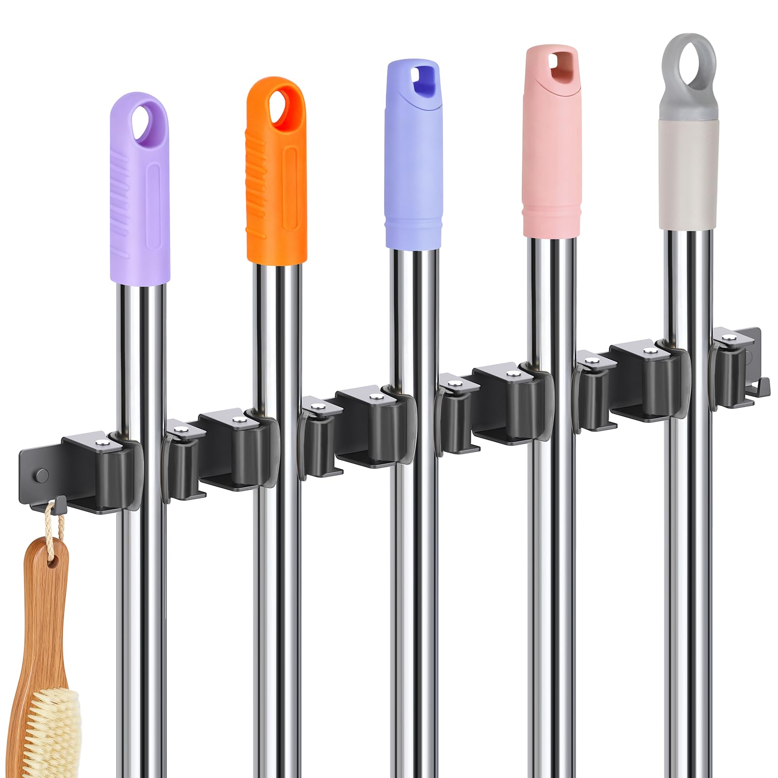 Alyvisun Broom Holder, 5 Slot and 2 Hooks Broom Holder Wall Mounted