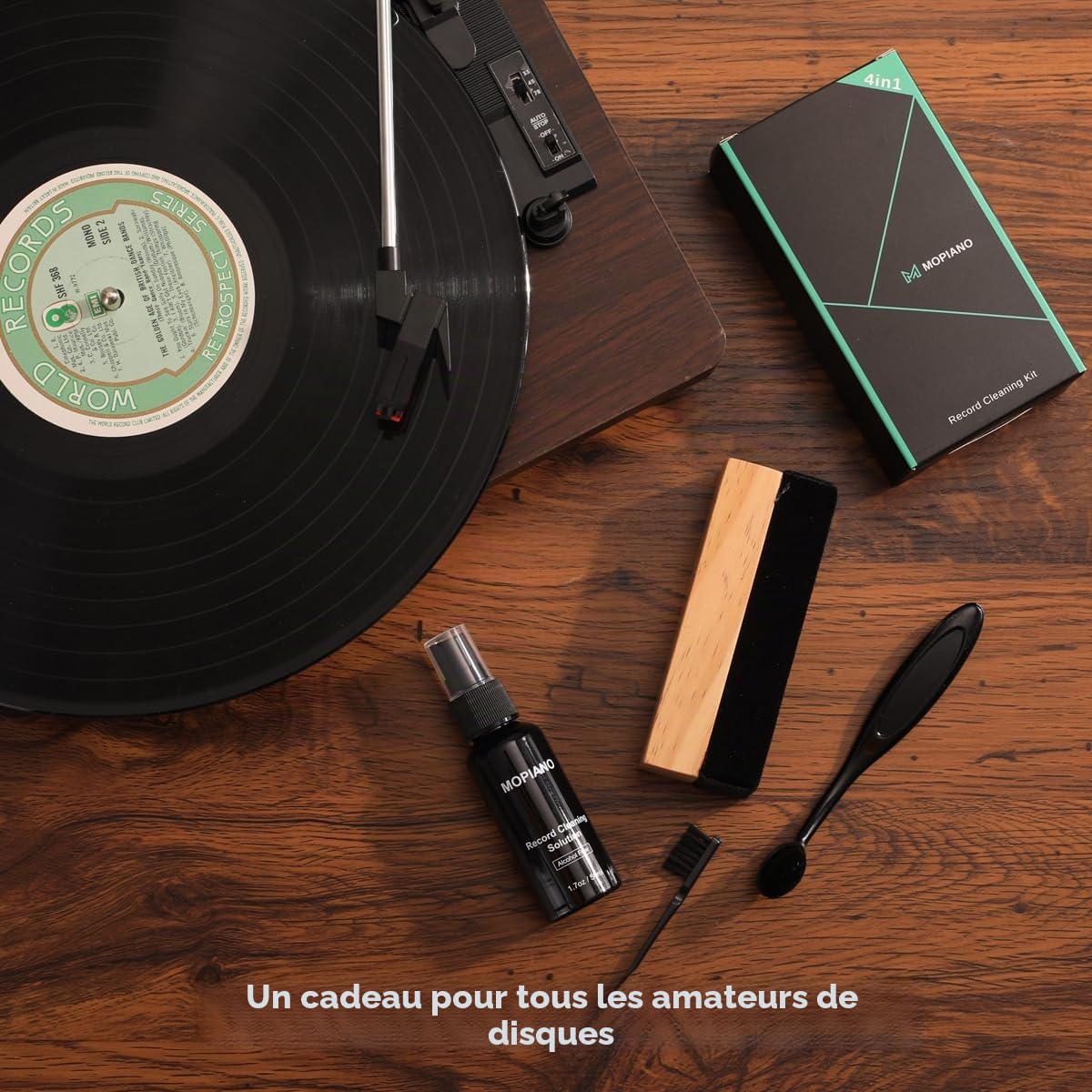 Kit de nettoyage de disques Mopiano | Nettoyant vinyle complet 4-en-1 pour albums | Comprend une brosse en velours doux pour disques vinyles, un liquide nettoyant LP, une brosse à stylet, une brosse