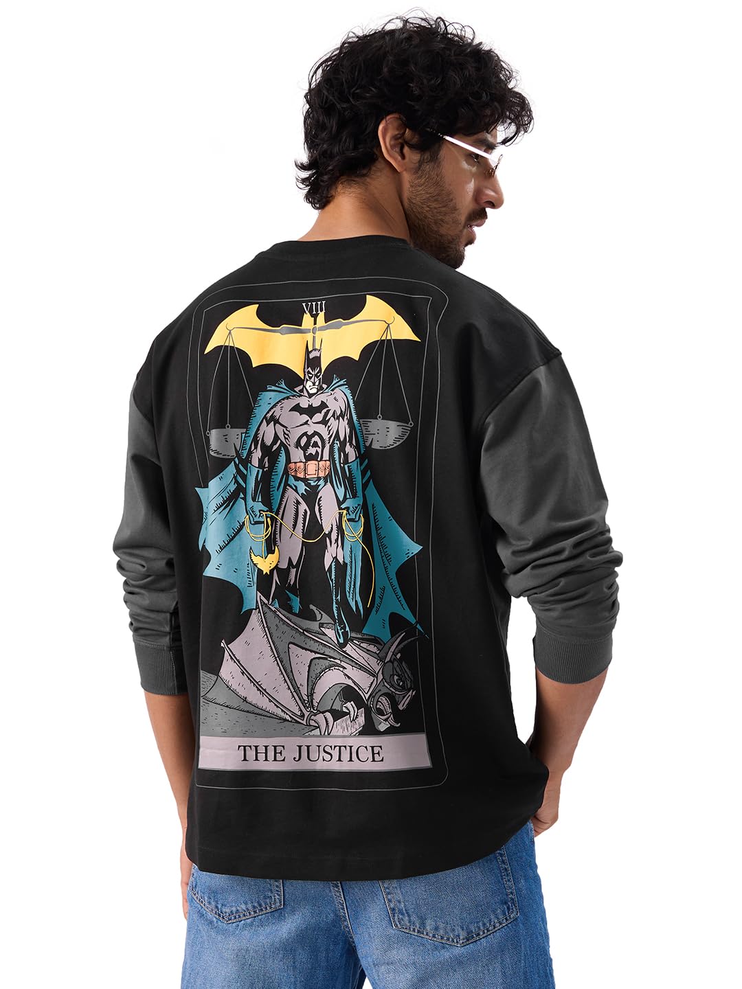 The Souled StoreOfficial Batman: The Justice Men and Boys Round Neck Full Sleeve Black Graphic Printed Cotton Oversized T-Shirts