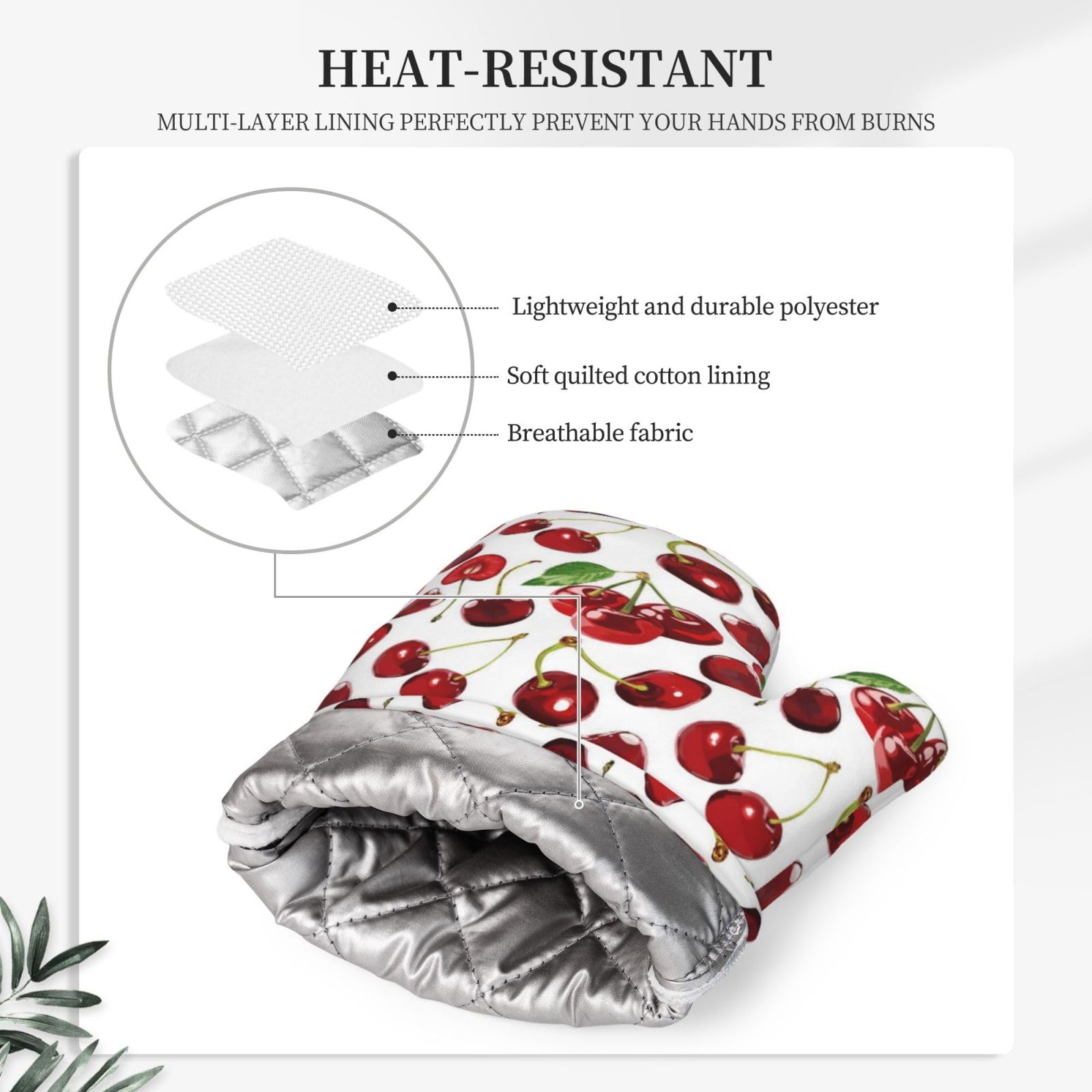 Juego de 4 manoplas de horno y soportes para ollas de silicona con patrón de frutas de cereza, guantes de cocina, soportes para ollas, antideslizantes, resistentes al calor, juego de guantes
