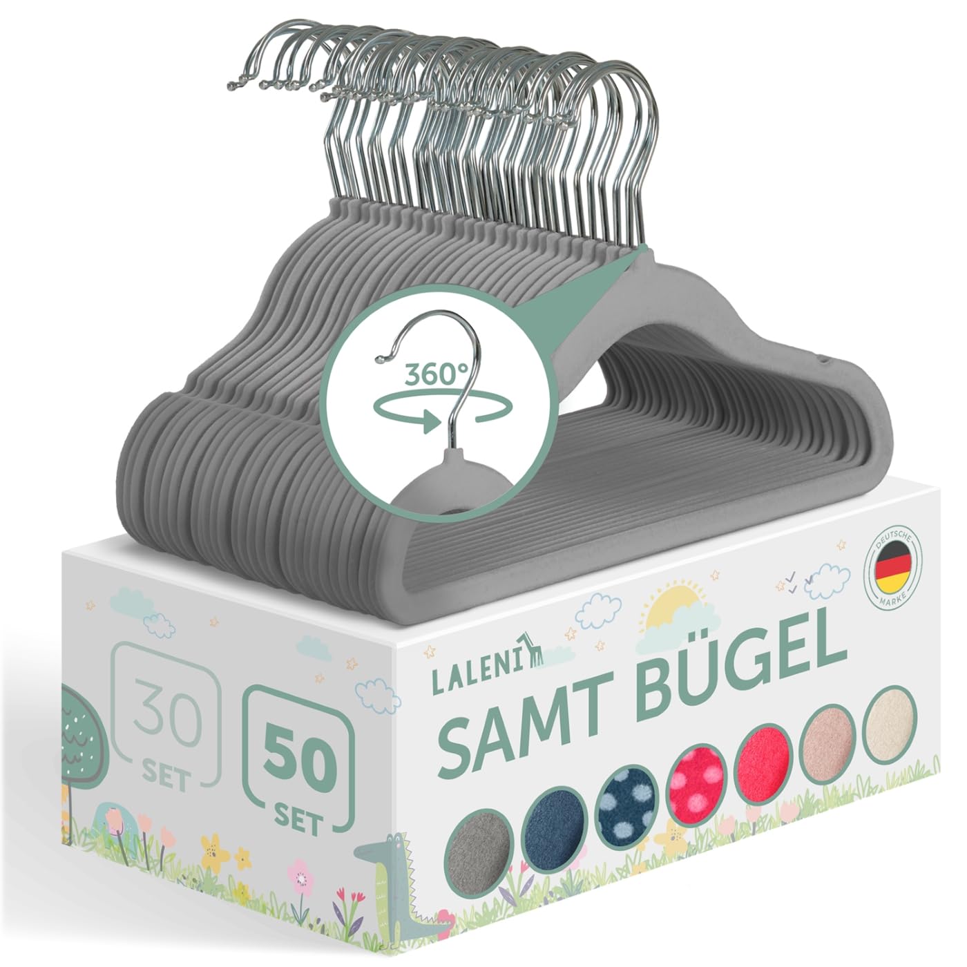 Laleni 50er Set Kleiderbügel für Kinder - rutschfeste Kinderkleiderbügel, Platzsparende Babybügel mit Samtbezug, Grau