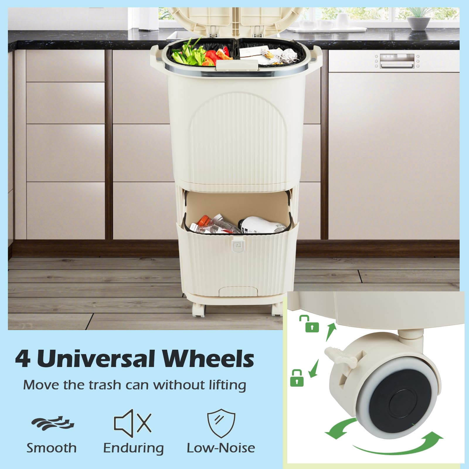LIFEZEAL Cubo de Basura Reciclado de 38 L, de Plástico Beige, Diseño Vertical de 2 Capas con Pedal Oculto, Tapa a Presión, Ruedas con Frenos y Compartimentos para Clasificación de Residuos (Beige)