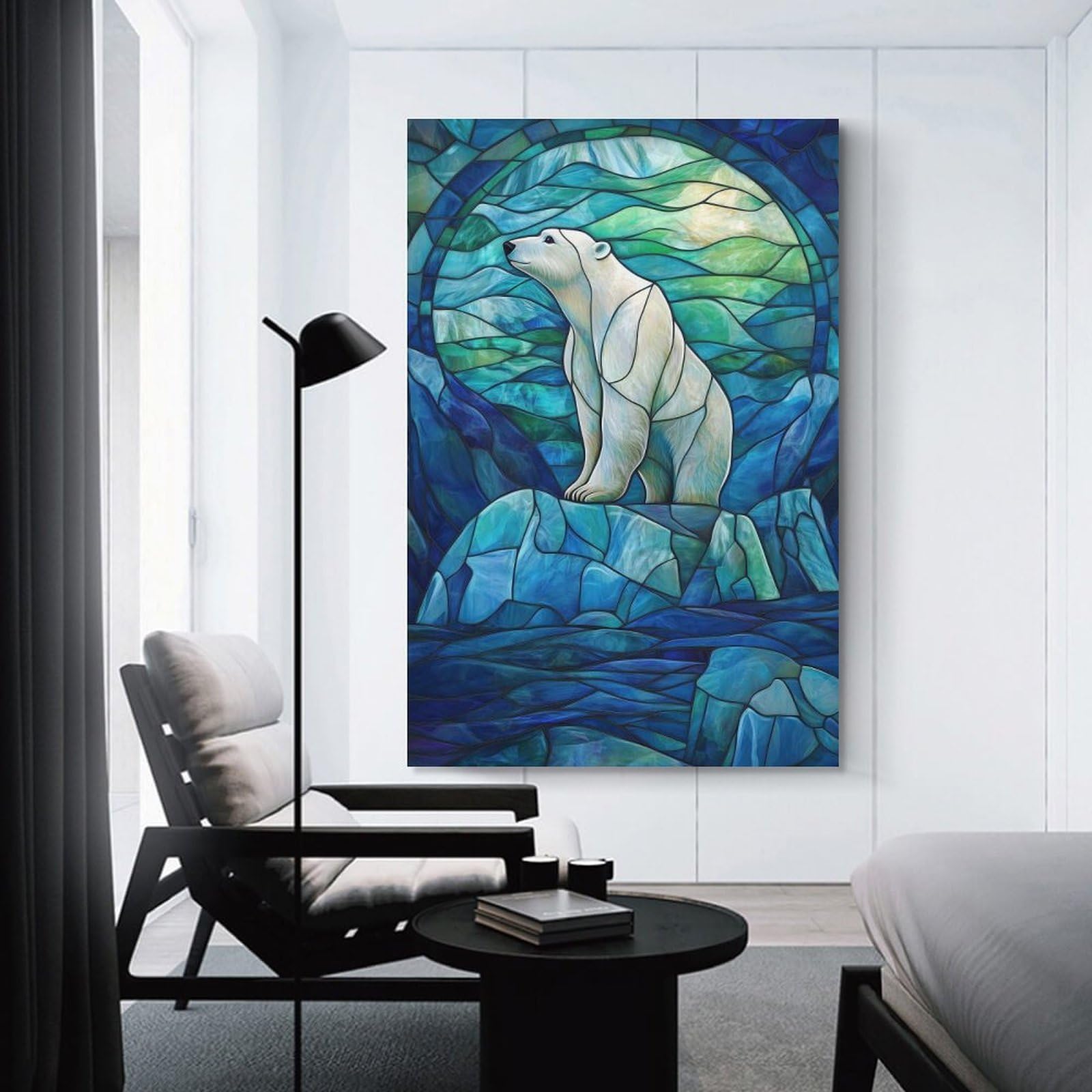 Junmoney Canvas Wall Picture Polar Bear Stained Glass, 16x24inch(40x60cm), for Bedroom Decor, Cosy Corners Or Studios, A Warm Accent for Relaxed Interiors