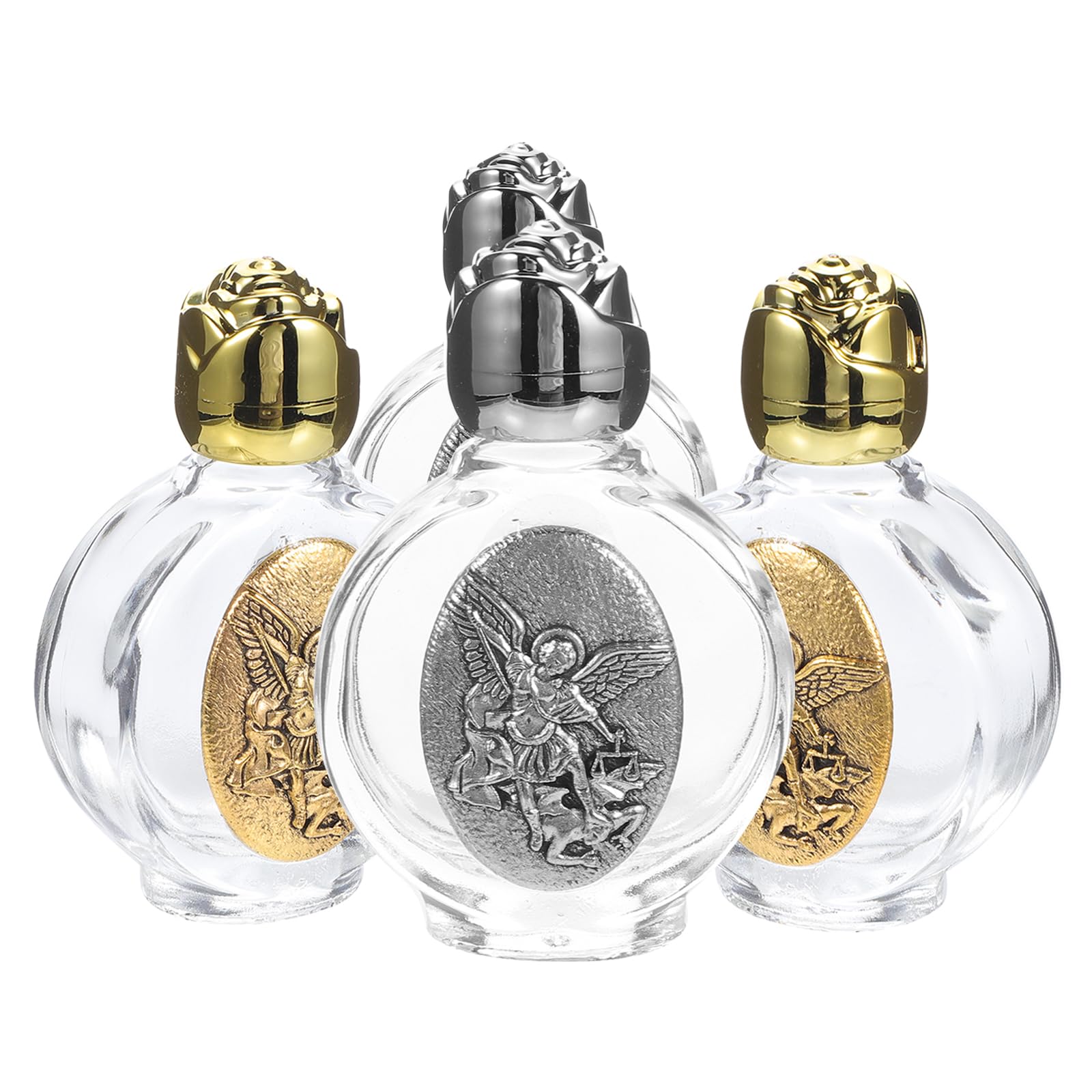 Toddmomy Embossed Holy Water Bottle Set, 4Pcs Glass Decorative Bottles for Home Wedding Baptism Metal Engraved Water Containers Small Glass Containers