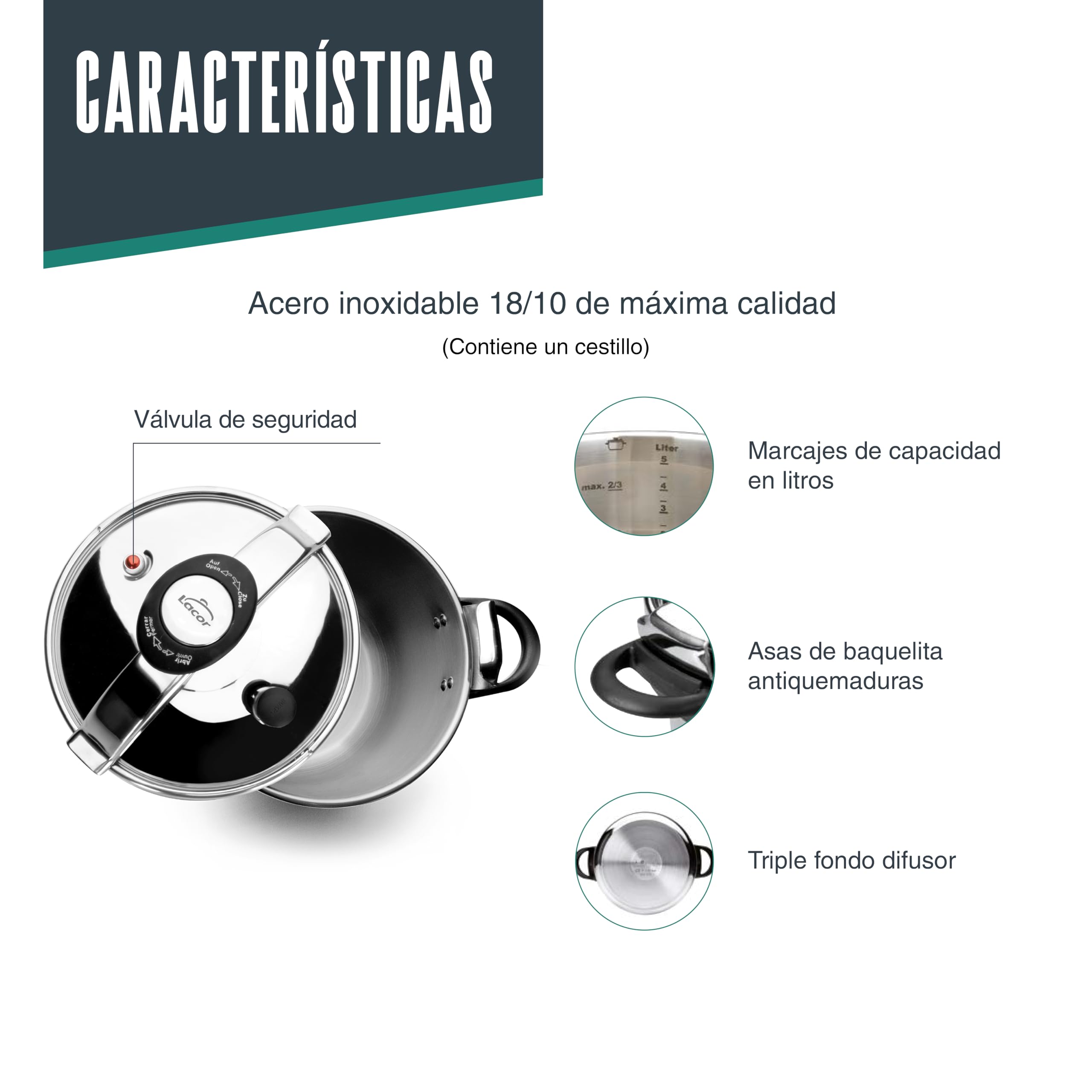 Lacor - 71872 - Olla a presión Classic, Acero inoxidable 18/10, Apta para inducción, 12 litros, Ø 26 cm, Válvula de seguridad