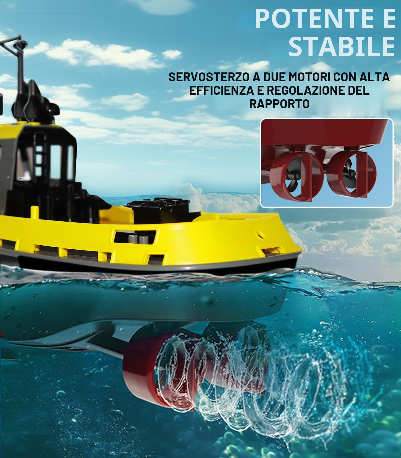 fisca Barca telecomandata – 1/72 barca RC ad alta velocità per piscine e laghi, rimorchiatori RC con 40 minuti di riproduzione e promemoria della batteria per bambini e adulti (giallo)