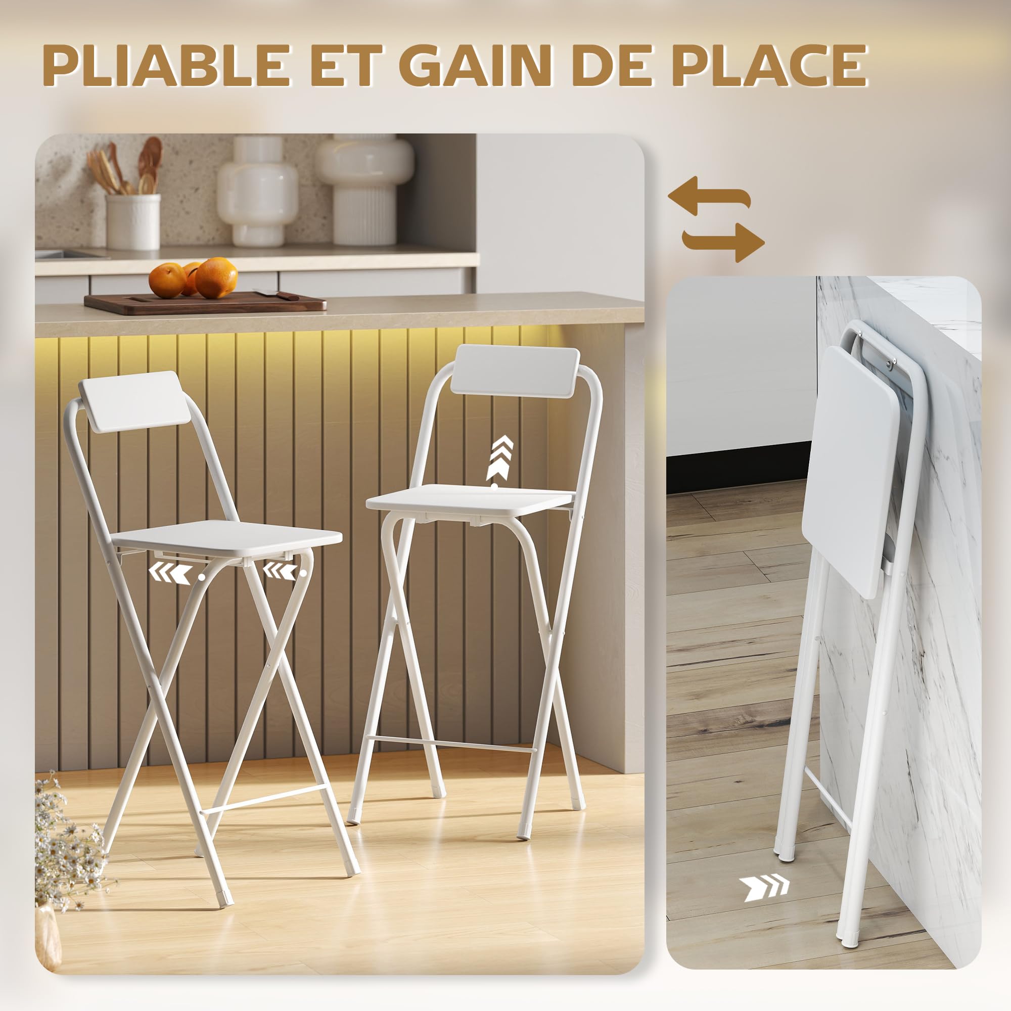 HOMCOM Lot de 2 tabourets de Bar Pliables, chaises de Bar, Chaise Haute Cuisine avec Dossier et Repose-Pieds, Cadre en Acier, 87 cm de Haut, Blanc