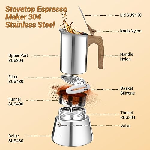 Miniatura 3 de Cafetera de café expreso de acero inoxidable 304, sin revestimiento, 6 tazas, 10.1 fl oz, 10.1 onzas, color moca, greca, cubano, ideal para hacer un