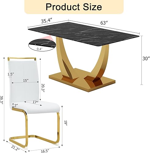 Miniatura 2 de Juego de mesa de comedor para 4, 63 pulgadas, juego de mesa de comedor de vidrio templado negro para 4 personas con sillas de poliuretano, moderno