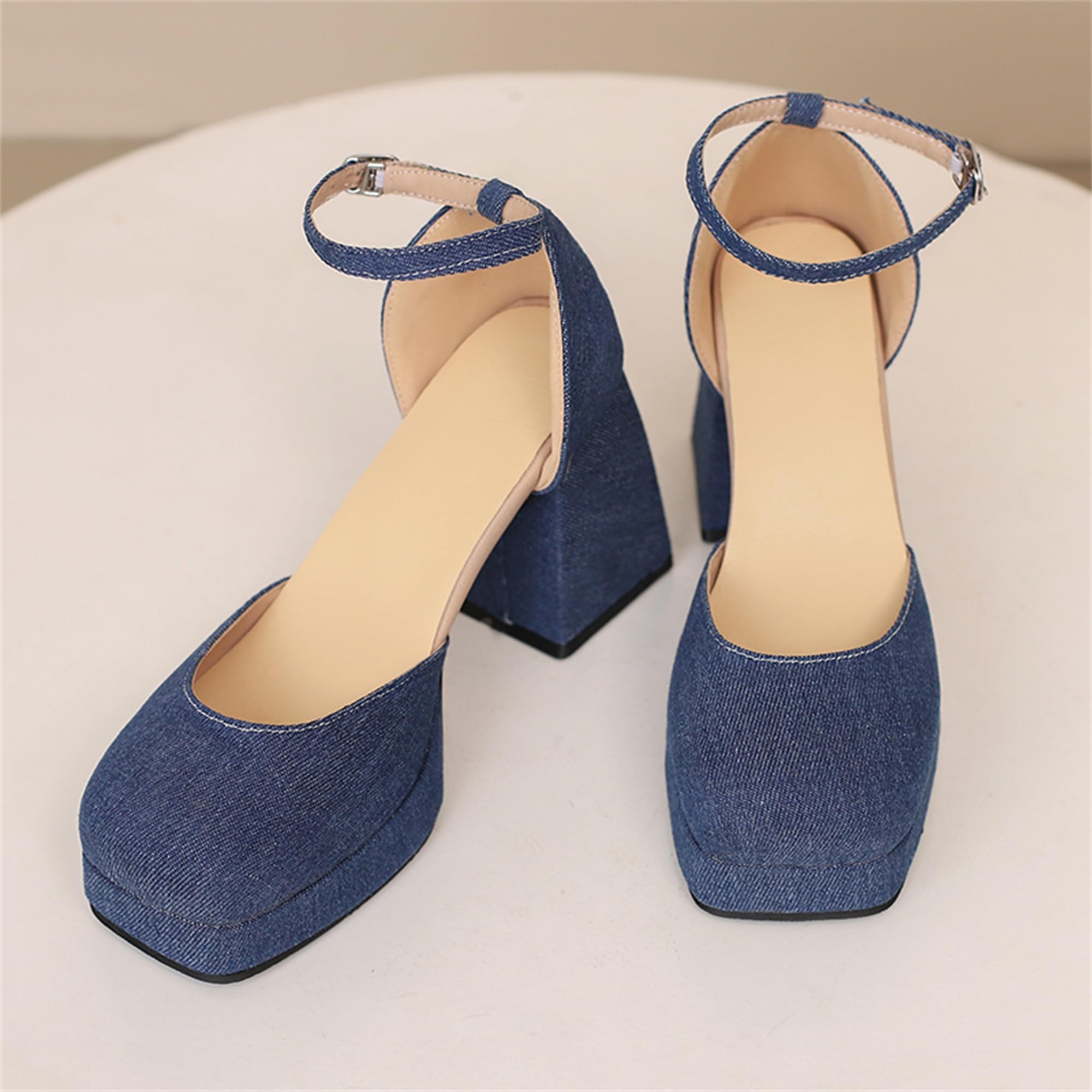 Zapatos Mary Jane sexys con Punta Cuadrada Cerrada y Tiras en Tobillo para Mujer,Tacones Bloque con Plataforma sexys,Sandalias tacón Elegantes para Fiesta