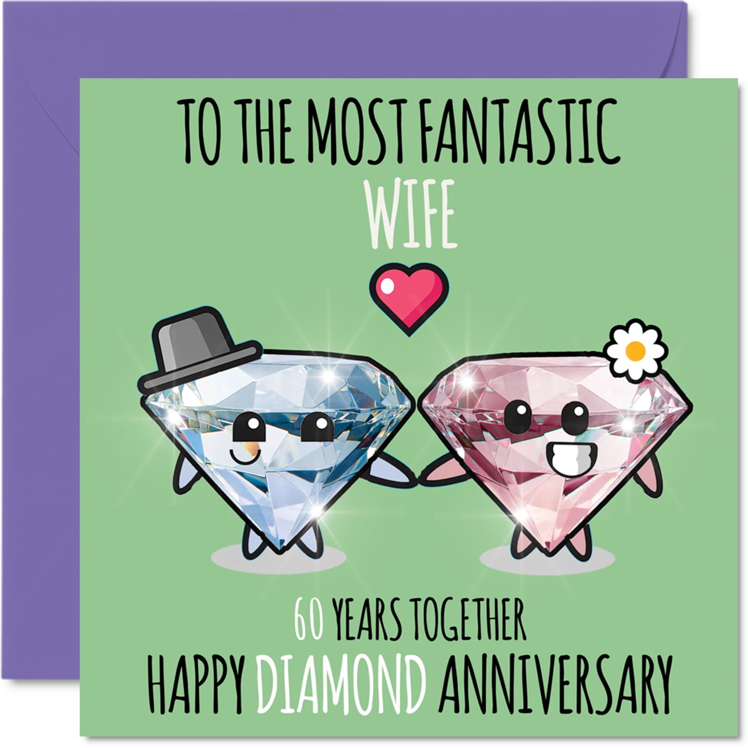 Cute Diamond Anniversary Card for Wife - 60 Years Together - Happy 60th Wedding Anniversary Cards for Wife from Husband, 145mm Greeting Cards Anniversaries