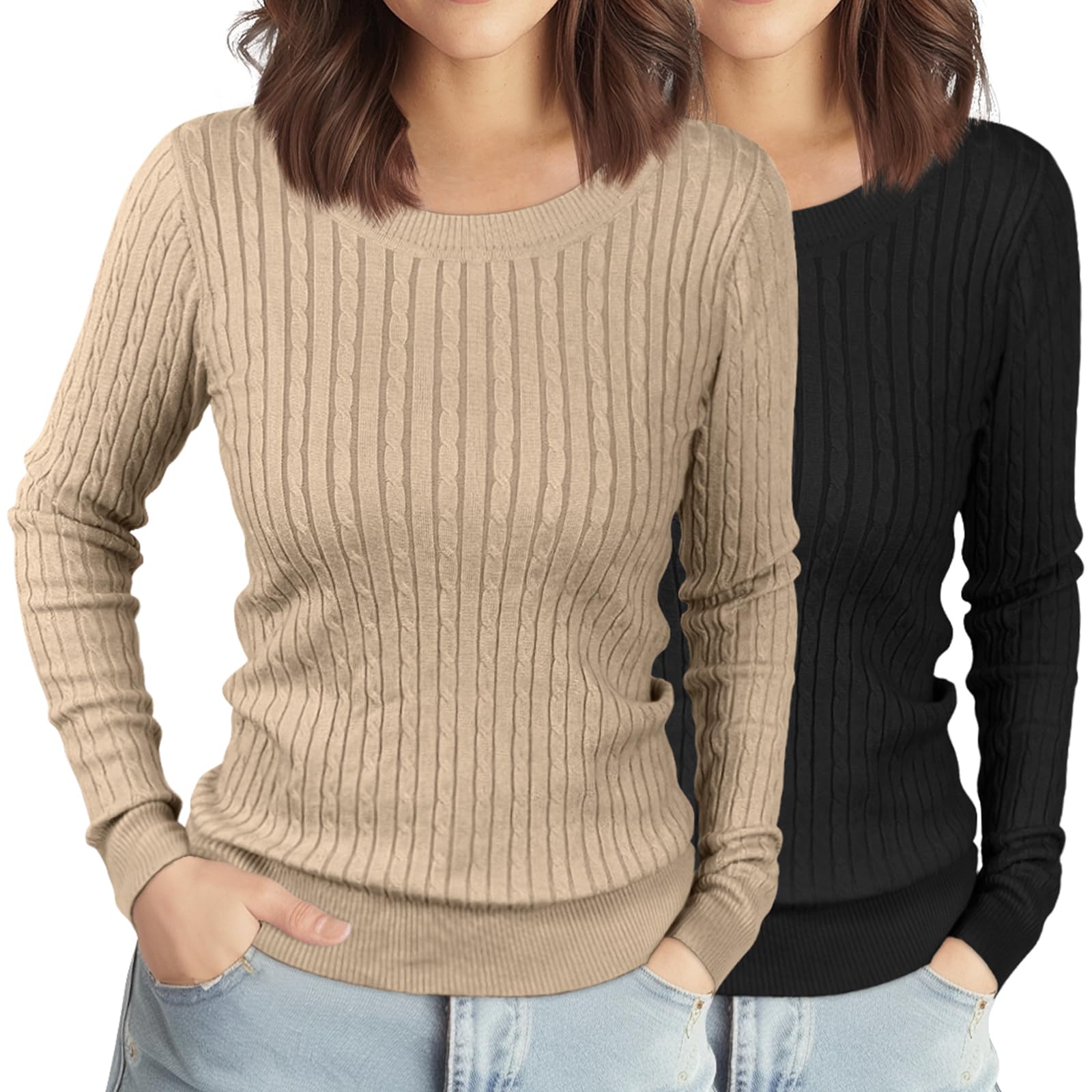 Riyiper 2 Pack Womens Long Sleeve Sweaters Lightweight Cable Knit Sweater Crew Neck Loose Casual Basics Sweater
