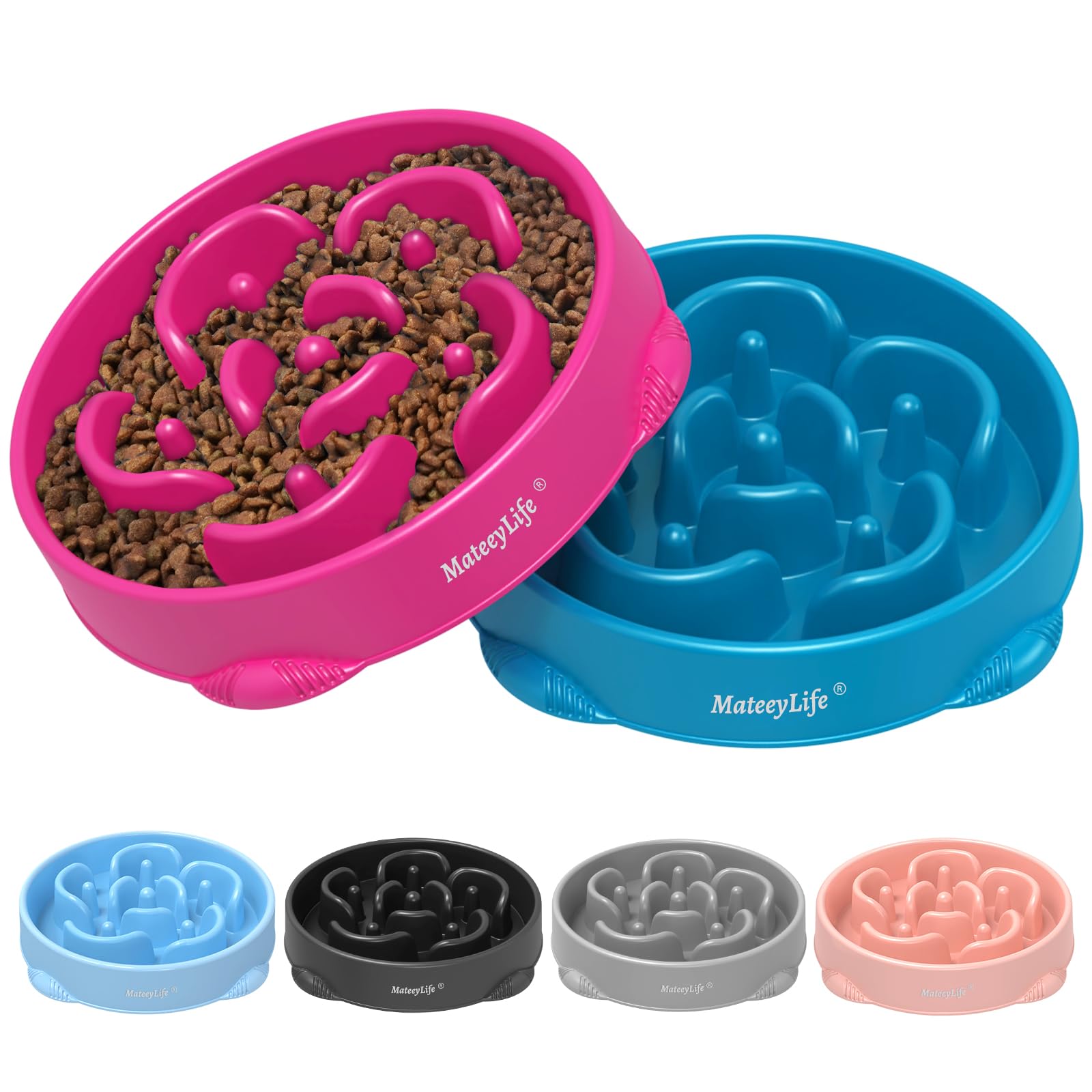 MateeyLife Large Slow Feeder Dog Bowls 2PCS, Anti-Choking Puzzle Dog Food Bowls, Non Slip Interactive Dog Feeding Bowls Slow Down Eating, Bloat Stop Maze Dog Dishes Dog Feeder 4 Cups Purple&DarkBlue