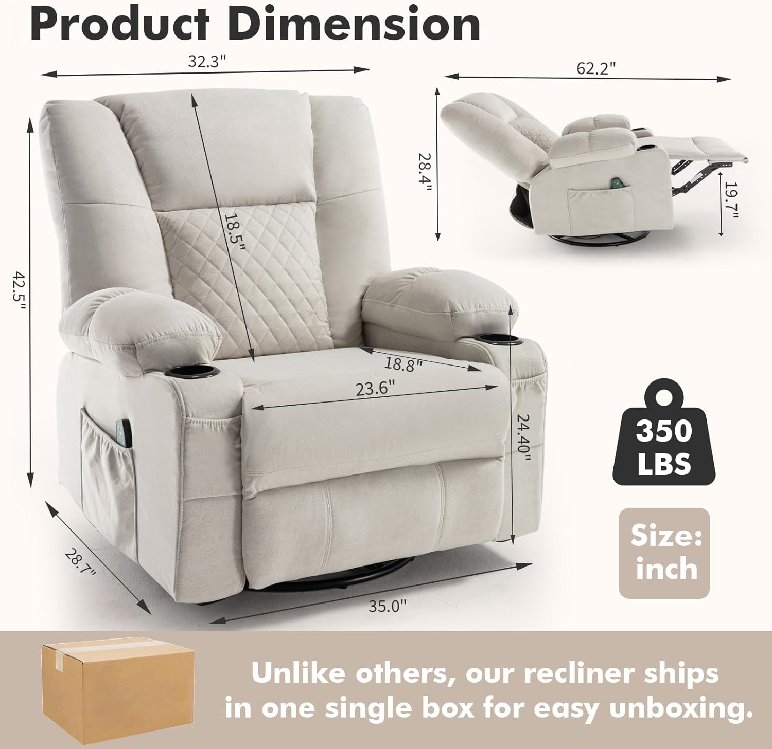 Rocker Recliner Chair with Heat and Massage, Wide Seat Overstuffed Fabric Reclining Chair for Living Room, Nursery Glider Rocking Chair Swivel Recliner with Cup Holder, White