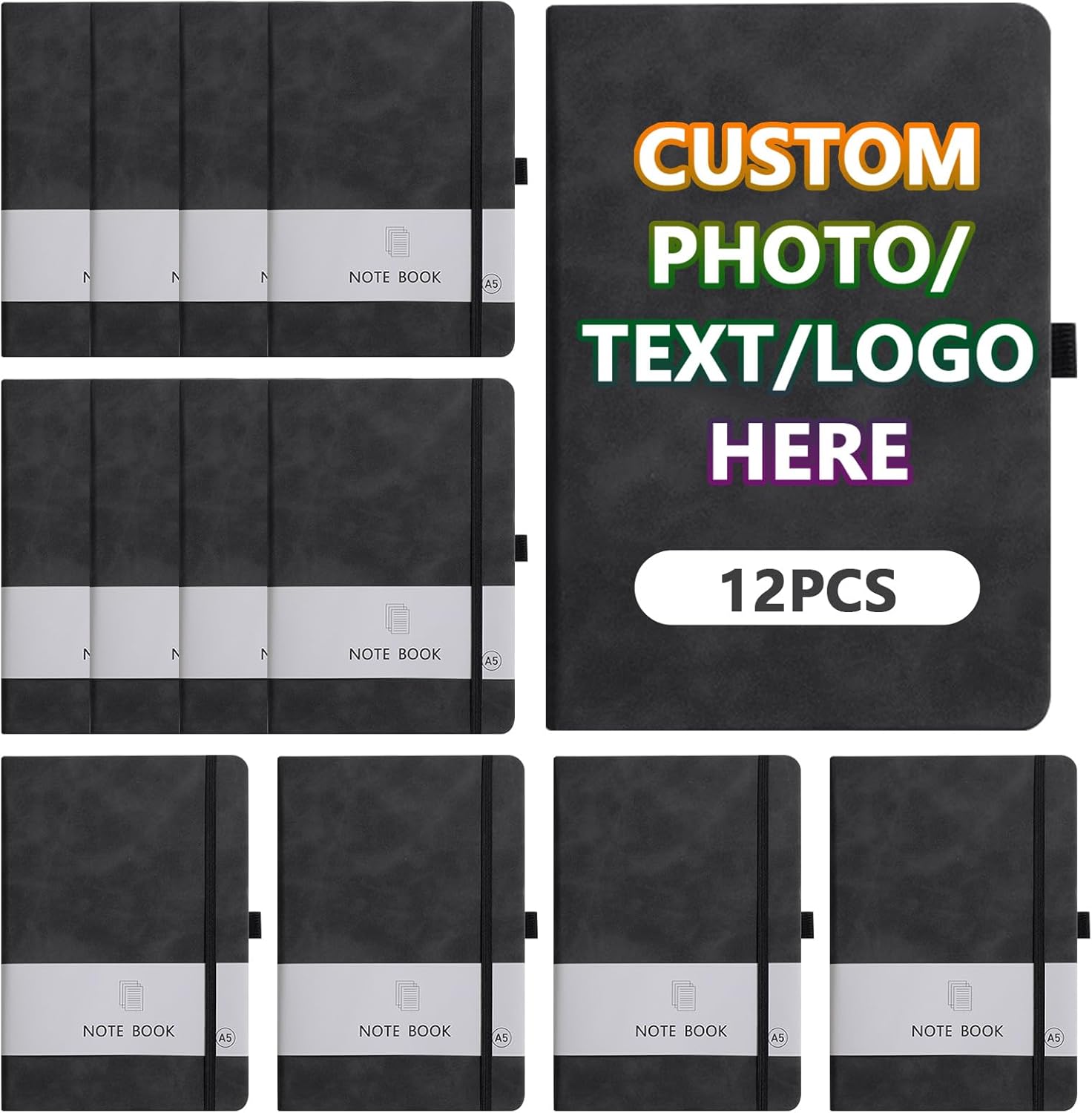 Personalized Notebook, Custom Journal Notebook for Christmas Gift PU Leather Notebook A5-192 Lined Pages 8.3 x 5.12 Inch, Pen Loop, Elastic Band (Black Hardcover,12 Pack)